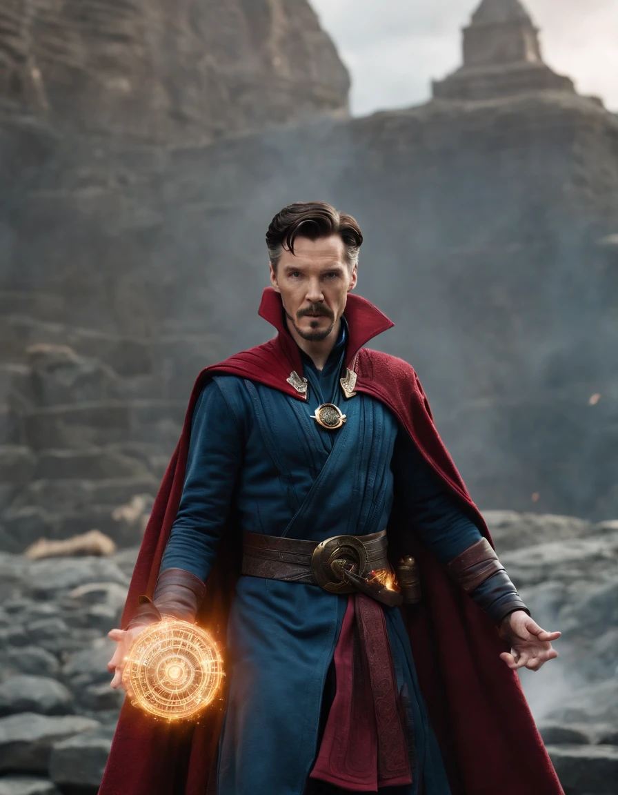 Dr Strange, battle pose, big magic portal, battle field background