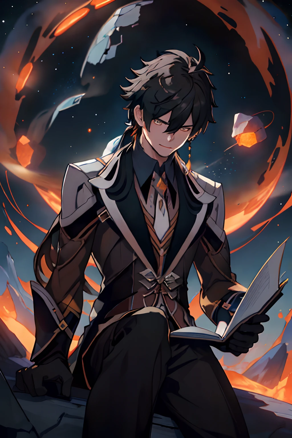 Draw a young programmer, sitting on a research platform floating in the middle of an asteroid belt. He is studying with a notebook, surrounded by several asteroids glowing with fiery auras. Dramatic lighting from distant stars and planets illuminates the scene, casting deep shadows on the suit. The young man looks confident and determined, looking at the vast and mysterious universe with wonder and respect,facial hair, cowboy shot,