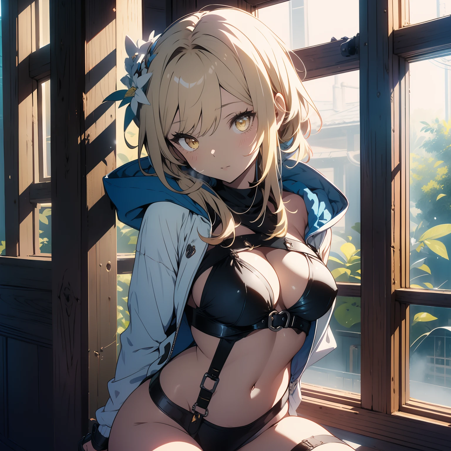 (masterpiece, best quality), beautiful girl, Lumine from "Genshin Impact", 
luminedef,  standing in her room, (detailed beautiful eyes) medium body shot, (crop-top white and blue hoodie, underboob) blonde, short hair, yellow eyes, ultra detailed yellow eyes, full-body shot, sitting on a window sill with a black bra and cuffs, wrapped in leather straps, leather cuffs around wrists, restrained, harnesses and garters, handcuffed, handcuffs, dominant pose, sexy dominant pose,