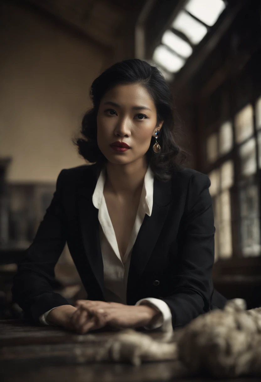 The shirt is also black、Wearing a black man's three-piece suit、Japan woman in black leather gloves