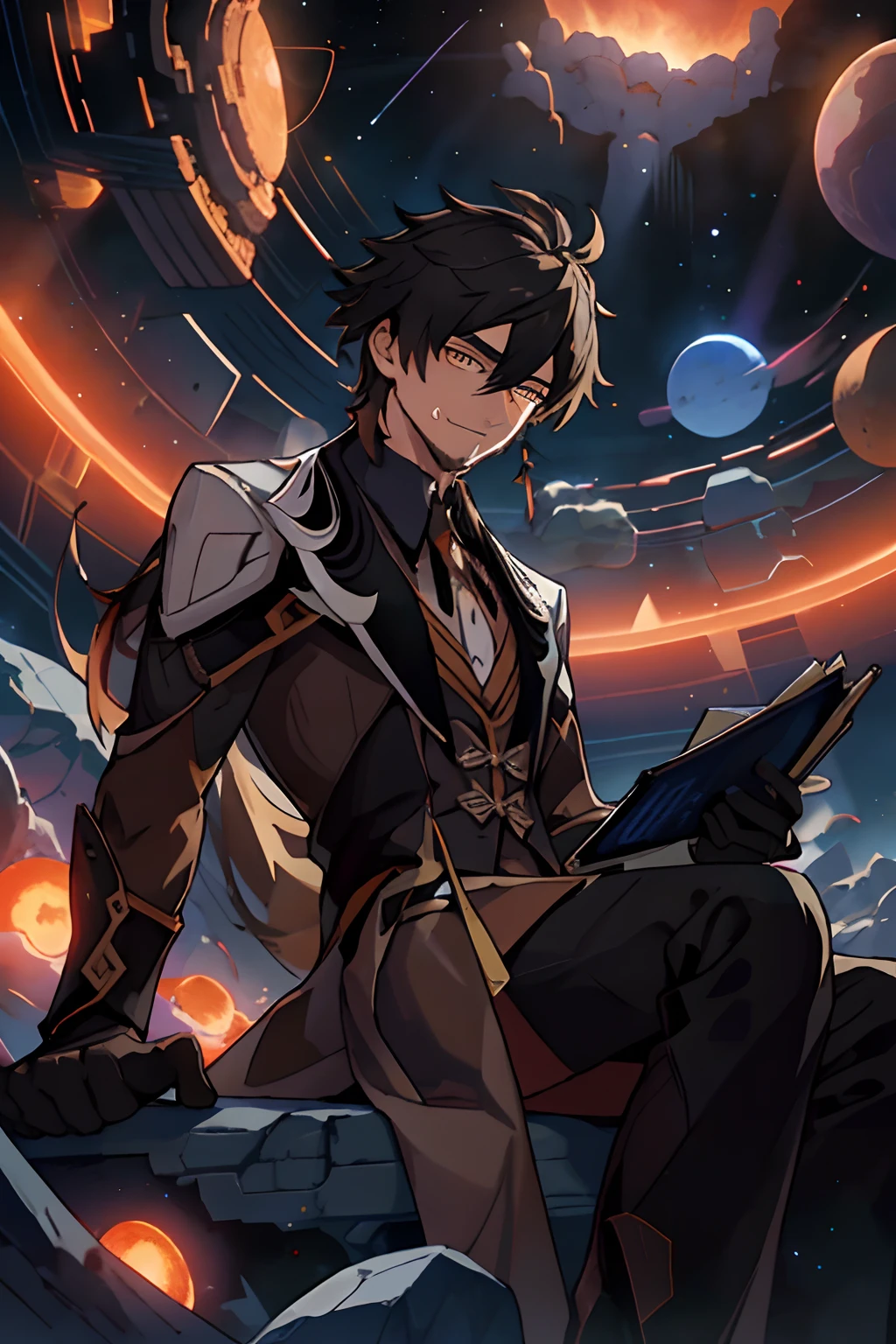 Draw a young programmer, sitting on a research platform floating in the middle of an asteroid belt. He is studying with a notebook, surrounded by several asteroids glowing with fiery auras. Dramatic lighting from distant stars and planets illuminates the scene, casting deep shadows on the suit. The young man looks confident and determined, looking at the vast and mysterious universe with wonder and respect,facial hair, cowboy shot,