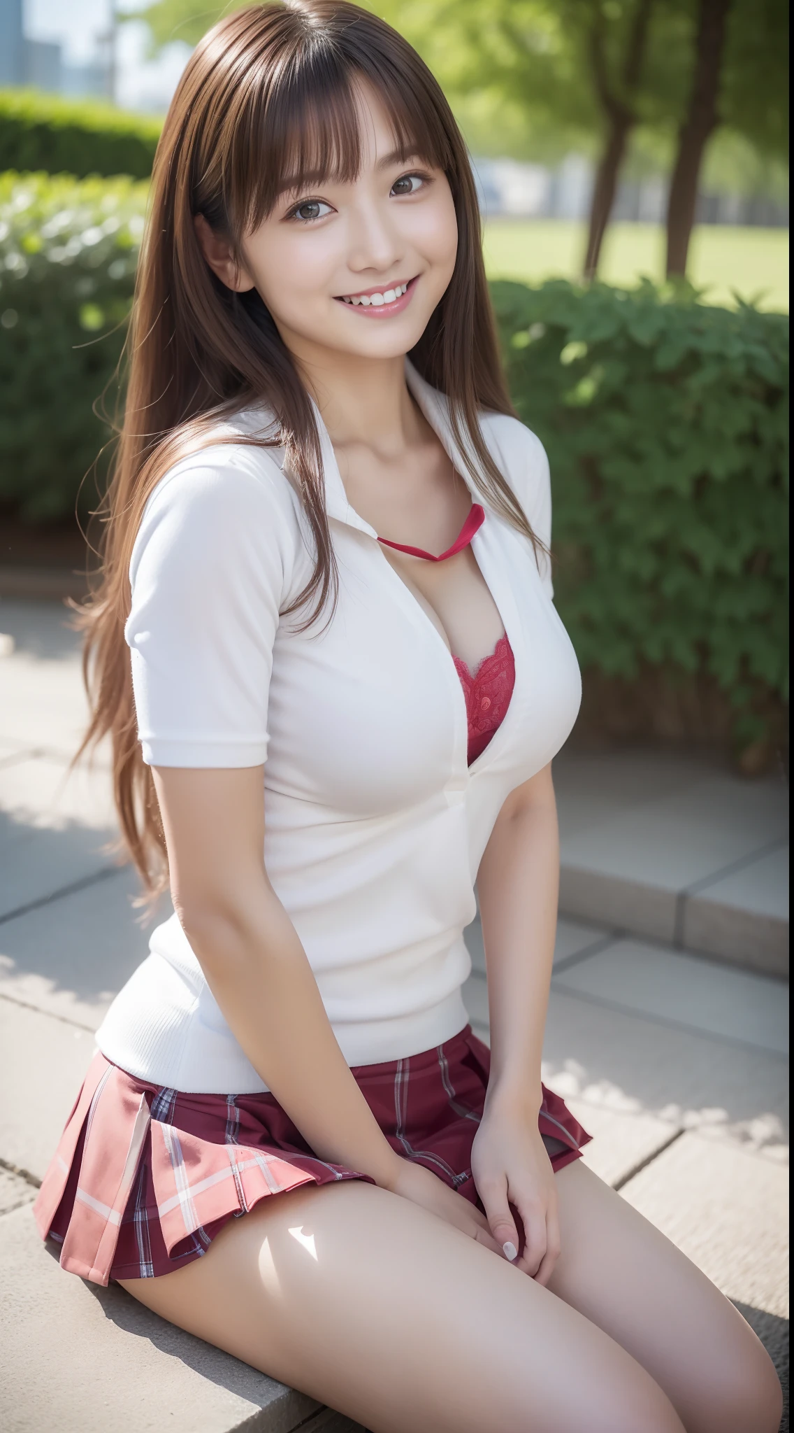 Cute smile、major cleavage 、Miniskirt in high school girl uniform、Open your legs、(Sit with your knees upright:1.4)、(Pose to show off your best thighs and panties:1.5)、Burnt skin:1.5、Absolute area、wetting hair、rainfall、woman model、A Japanese Lady、LE SSERAFIM、(8K、RAW Photos、top-quality、masterpiece:1.2)、(realisitic、Photorealsitic:1.37)、ultra-detailliert、超A high resolution、夏天