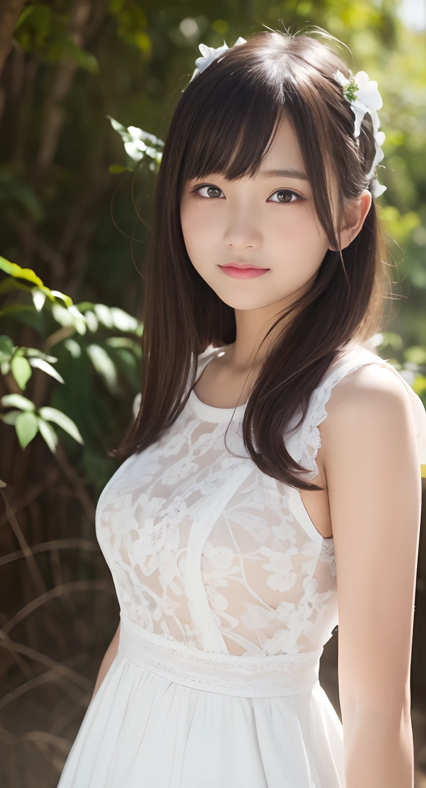 (top-quality、masterpiece:1.2)、Best Quality、realisitic、photoshot、hight resolution、1080p、8K、Textured skin、Physical Rendering、1 Japan Girls、a junior high school student、kawaii、Young Face、Rolled hair、(White Dress:1.5)、in mountains、full of shyness、smil、Big