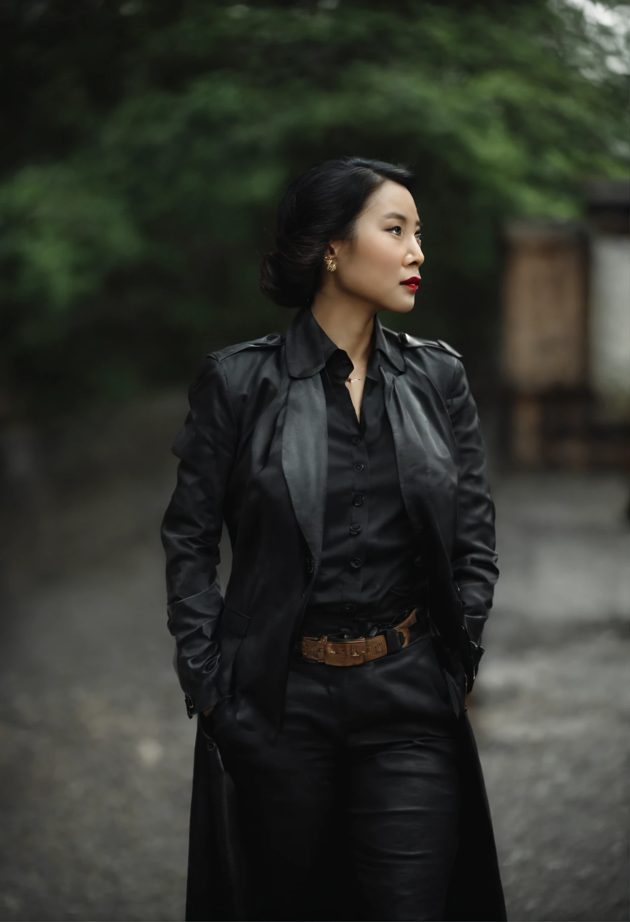 The shirt is also black、Wearing a black man's three-piece suit、Japan woman in black leather gloves