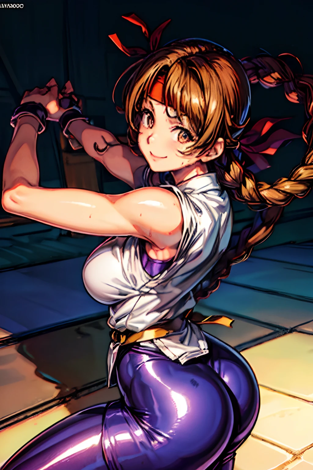 (masterpiece:1.1), (best quality:1.2), (ultra high res:1.2), 16k,super fine illustration, soft lighting, 1girl, ((yurims)), ,((red headband)), dougi, spandex, gloves, fingerless gloves, ((leggings)), 20yo, (((slim body))),(((((large areolae))))), beautiful face, beautiful hair, (((saggy medium breasts))), ((hanging breasts)), (((breasts apart))), (big ass), (((lovely eyes))), shiny body, beautiful skin, (((very humid sweaty))), (((shiny skin))), , anime, realistic, (((cute smile, happy))), anime screencap, dynamic pose, dynamic angle,