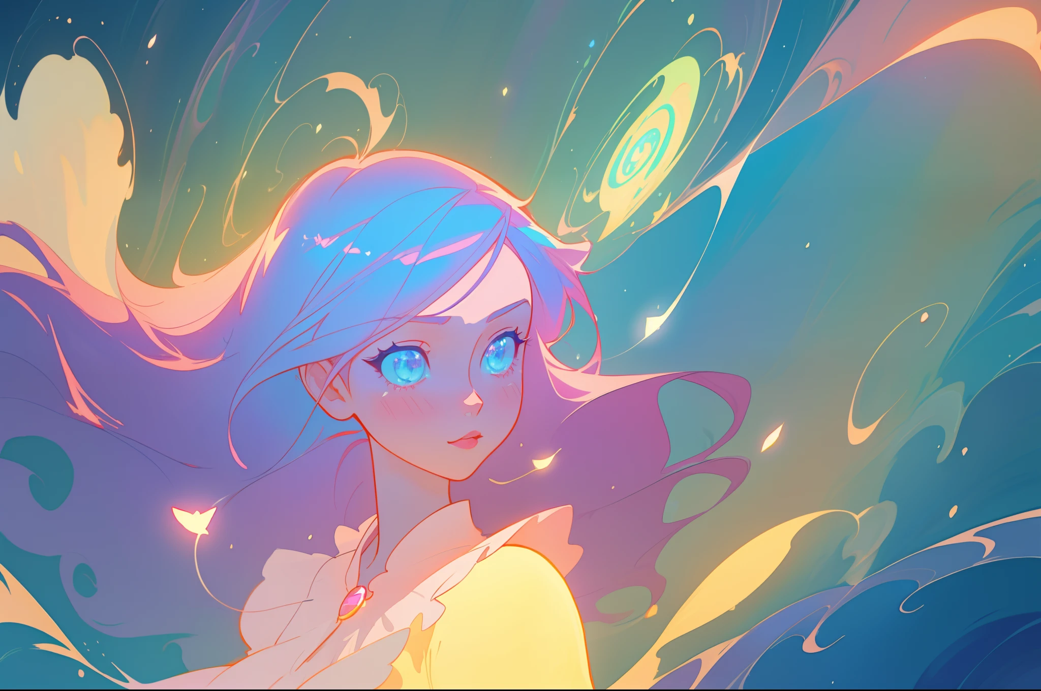 beautiful anime girl in flowing ruffle layered ballgown, inspired by Glen Keane, inspired by Lois van Baarle, (disney art style), by Lois van Baarle, glowing aura around her, by Glen Keane, jen bartel, glowing lights! digital painting, flowing glowing hair, glowing flowing hair, beautiful digital illustration, fantasia background, whimsical, magical, fantasy, beautiful face, ((masterpiece, best quality)), intricate details, highly detailed, sharp focus, 8k resolution, sparkling detailed eyes, liquid watercolor, swirling magical lines of light
