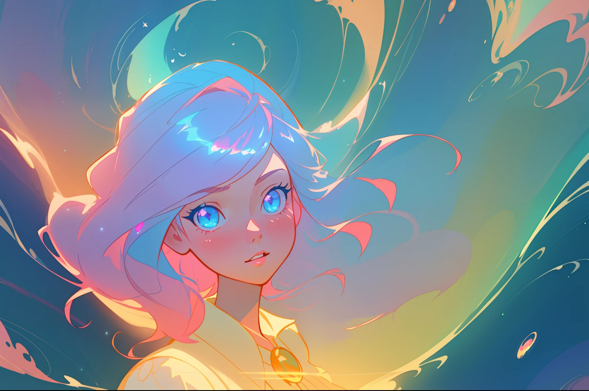 beautiful anime girl in flowing ruffle layered ballgown, inspired by Glen Keane, inspired by Lois van Baarle, (disney art style), by Lois van Baarle, glowing aura around her, by Glen Keane, jen bartel, glowing lights! digital painting, flowing glowing hair, glowing flowing hair, beautiful digital illustration, fantasia background, whimsical, magical, fantasy, beautiful face, ((masterpiece, best quality)), intricate details, highly detailed, sharp focus, 8k resolution, sparkling detailed eyes, liquid watercolor, swirling magical lines of light