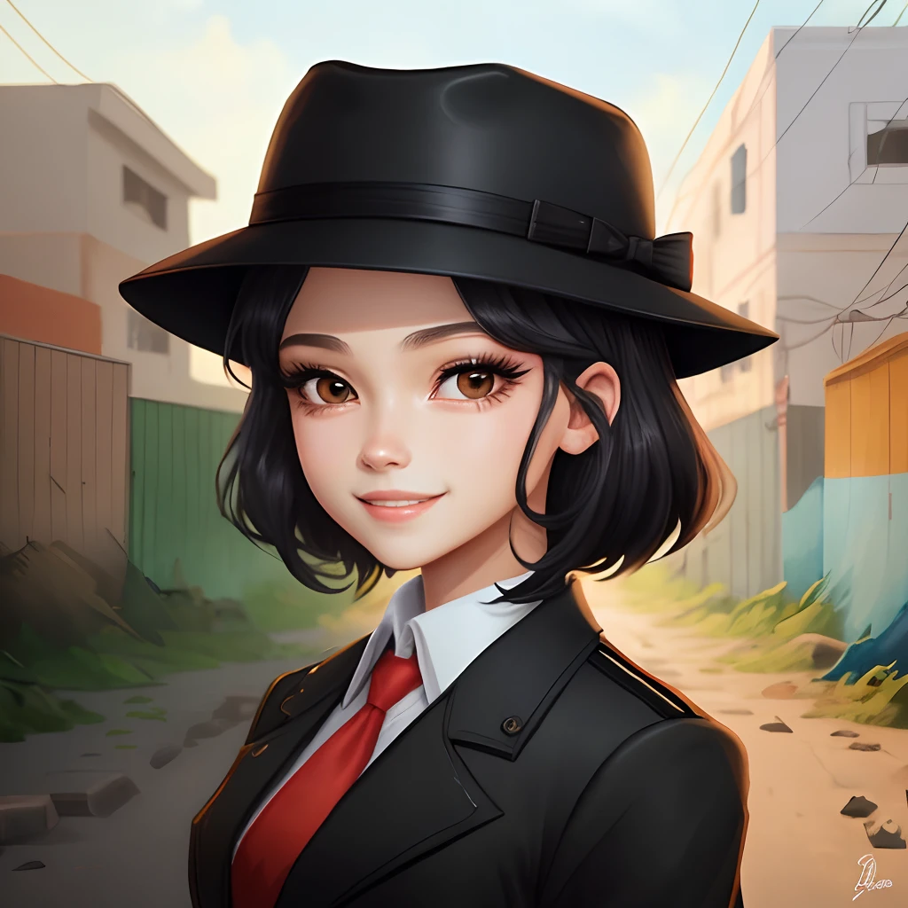 Rapariga , anime , cabelo preto , Olhos redondos pretos , Eyelash Detailing Style , sorriso , low graphics quality , pouco realista , black fedora hat , fundo favela