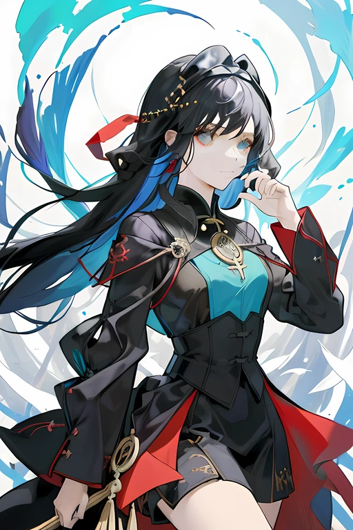 (melhor qualidade,master part:1.2),1feminino,adulta, maduro, face altamente definida e esbelta, corpo inteiro, black hair, tema claro, Espelho refletido, floating piece of glass,fantasy scenery, roupa escura, vermelha, azul