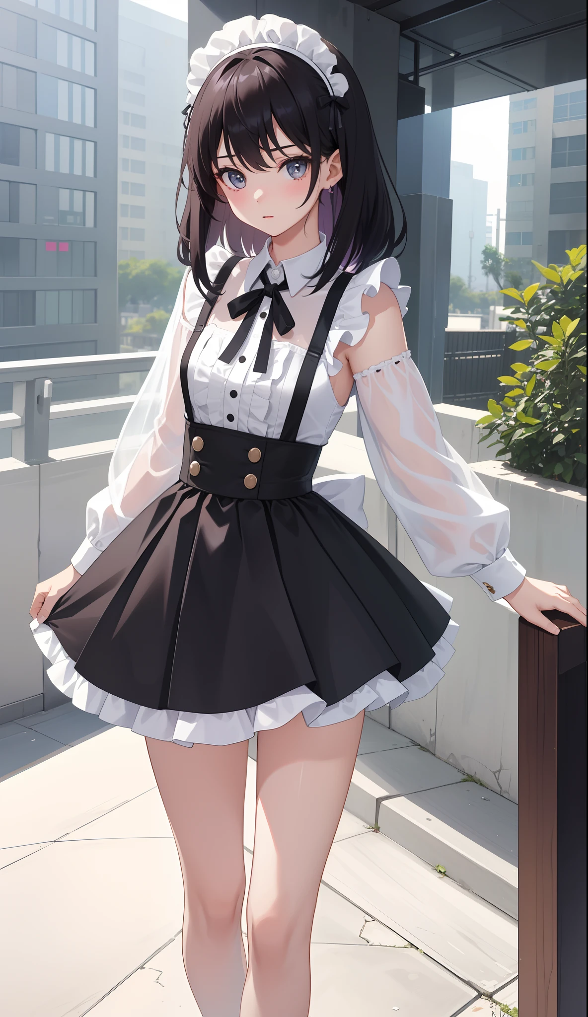 1girl in、AS-Adult、The shirt、Ultra mini skirt、pantiy、(small tits)、doress、pinafore、Hair decoration、(Maid costume)、Walking with a thigh、Upper body portrait、