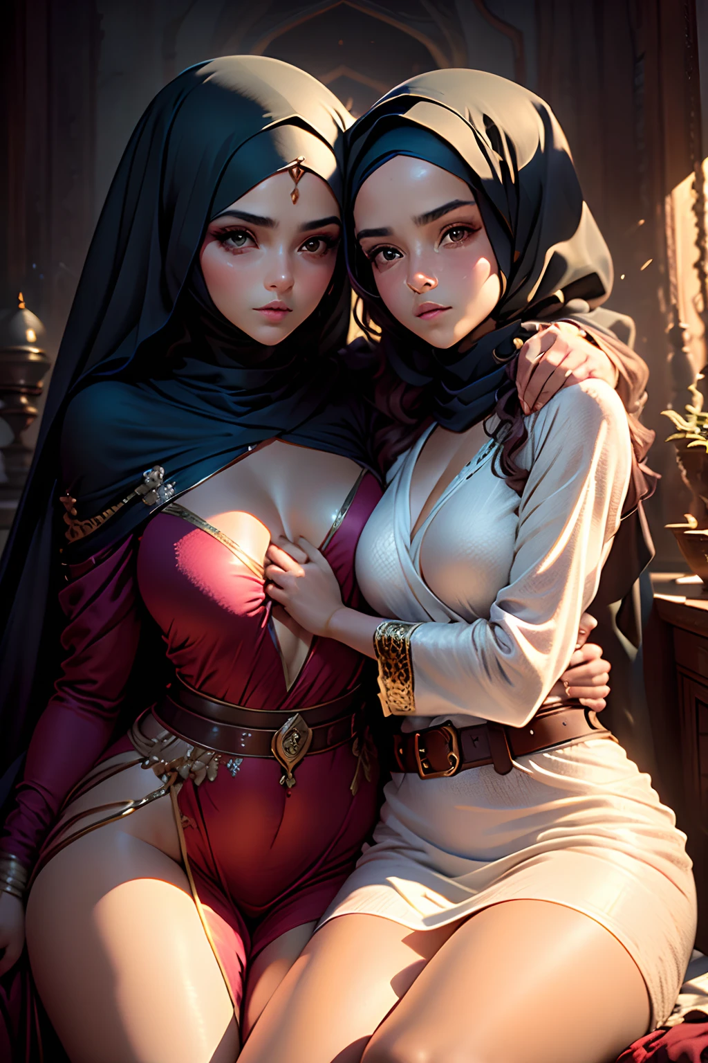 Mavtan Moroccan Islamic surreal super detail,model shoot,two girls sleeping together,duo,Dynamic pose,leering,(Dream belt,Dream robes,Fantastic ribbons),Hug and touch each other,Biting a friend's earlobe, Hug each other from behind, Touch your friend's chest from below,