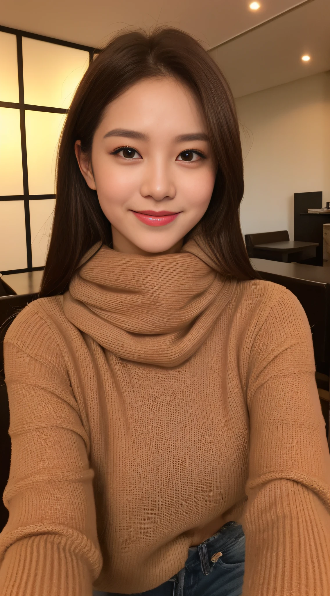 ((Midnight, Best Quality, 8K, Realistic)), Full body: 1.4, Slender abs: 1.2, ((Long dark brown hair: 1.2, Medium Breasts: 1.2)), (Long thick sweater: 1.2, Tight jean pants: 1.1, Scarf: 1.2, Sitting: 1.2), (Indoor, Cafe wall background: 1.1, Night light view), Highly detailed face and skin texture, detailed eyes, double eyelids, full body camera view, seductive smile, (Side face looking at the camera: 1.2, Holding the camera, Selfie: 1.1)