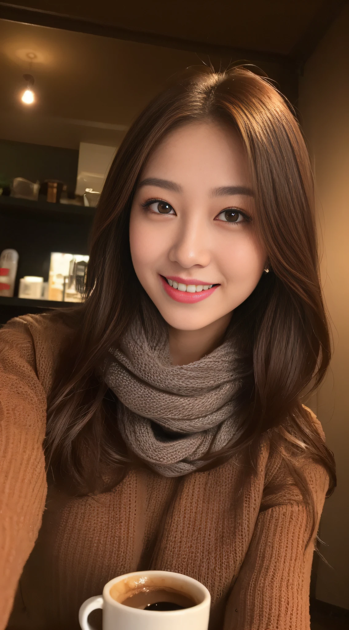 The face of a hostess、turtleneck wool sweater、hiquality、A hyper-realistic、healthy、Smiling expression、Slender perfect figure、Japan Beauty、 perfect  eyes、Beautiful skin、The upper part of the body、Snowy city
