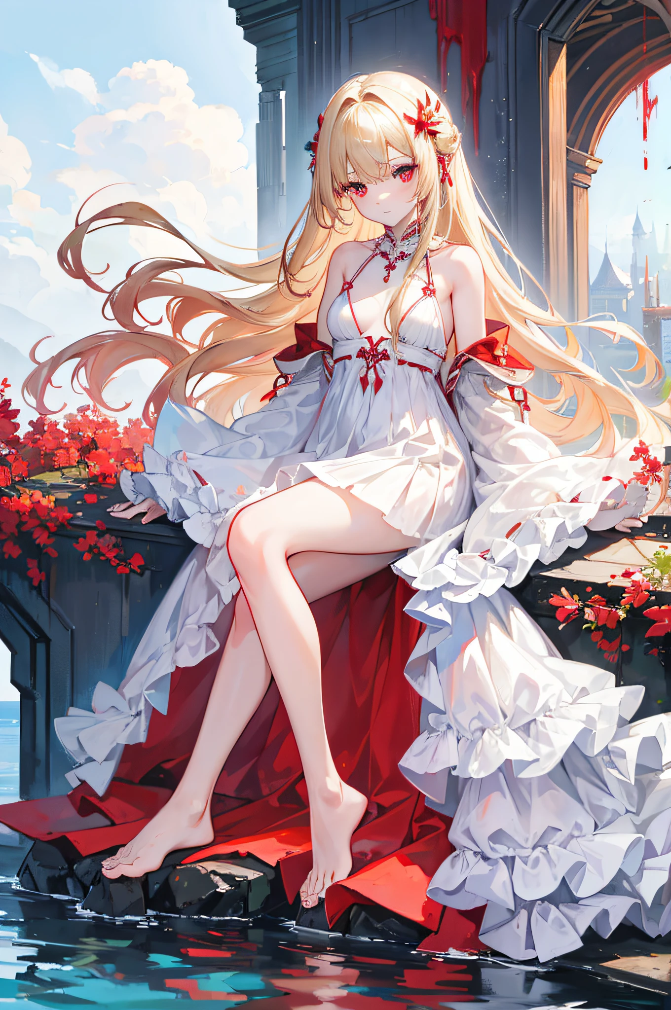 best quality, 4k, ultra-detailed, realistic, Portraits, HDR, vivid, female, 1 girl full body, Colors,(detailed face) Long-haired girl, light blonde hair, straight ankle-length hair, fair skin, long red eyes, girl wearing a transparent white dress that reaches her ankles, bare feet, small breasts, a blood moon scene in the background with water below.