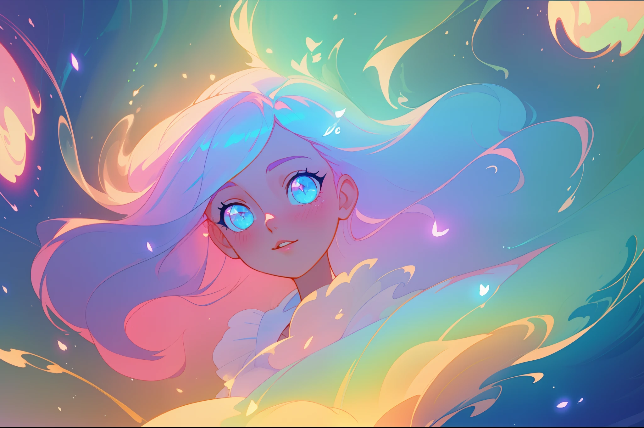 beautiful anime girl in flowing ruffle layered ballgown, inspired by Glen Keane, inspired by Lois van Baarle, (disney art style), by Lois van Baarle, glowing aura around her, by Glen Keane, jen bartel, glowing lights! digital painting, flowing glowing hair, glowing flowing hair, beautiful digital illustration, fantasia background, whimsical, magical, fantasy, beautiful face, ((masterpiece, best quality)), intricate details, highly detailed, sharp focus, 8k resolution, sparkling detailed eyes, liquid watercolor, swirling magical lines of light