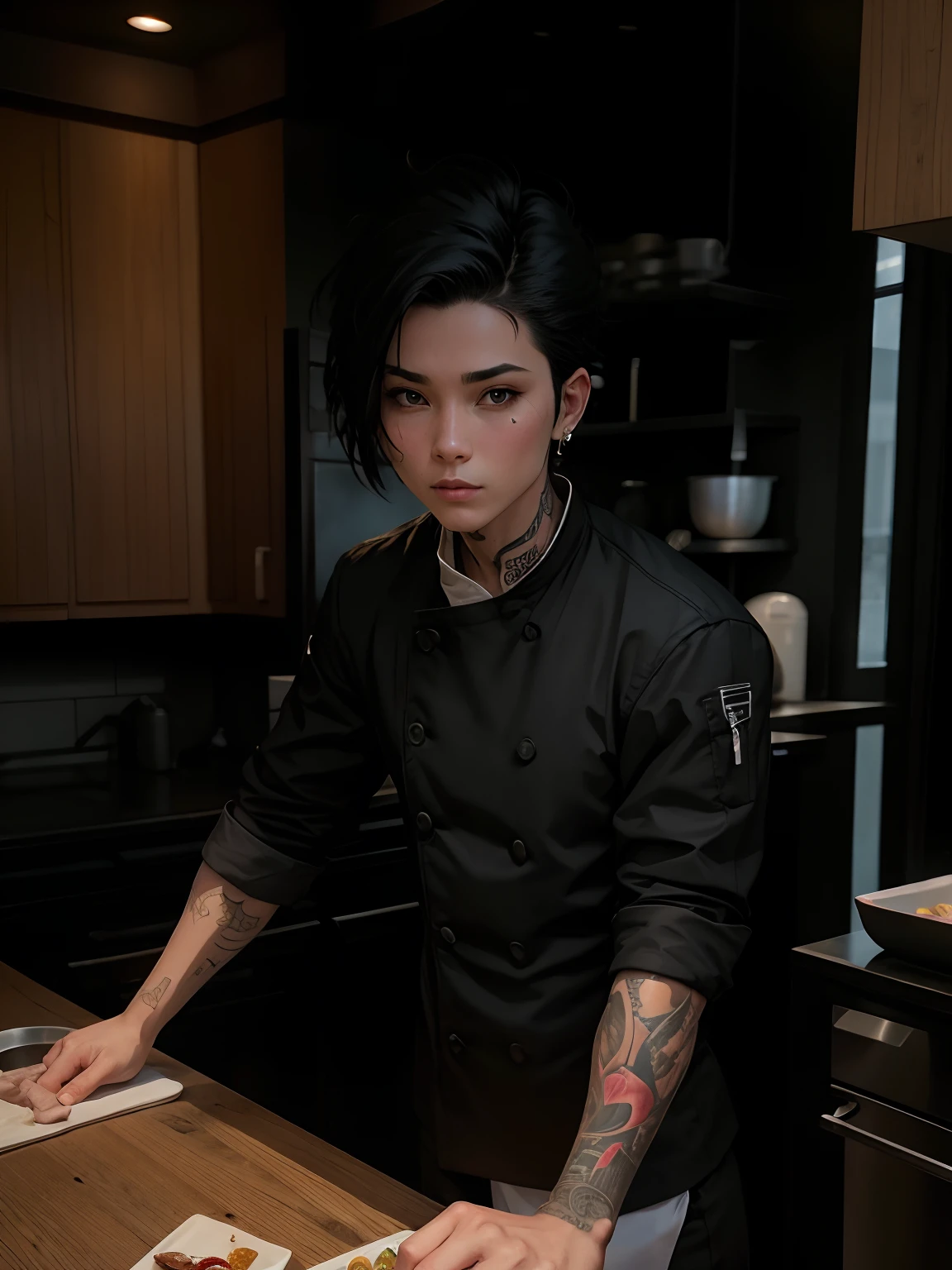 Black jacket chef ,tattoo,short hair