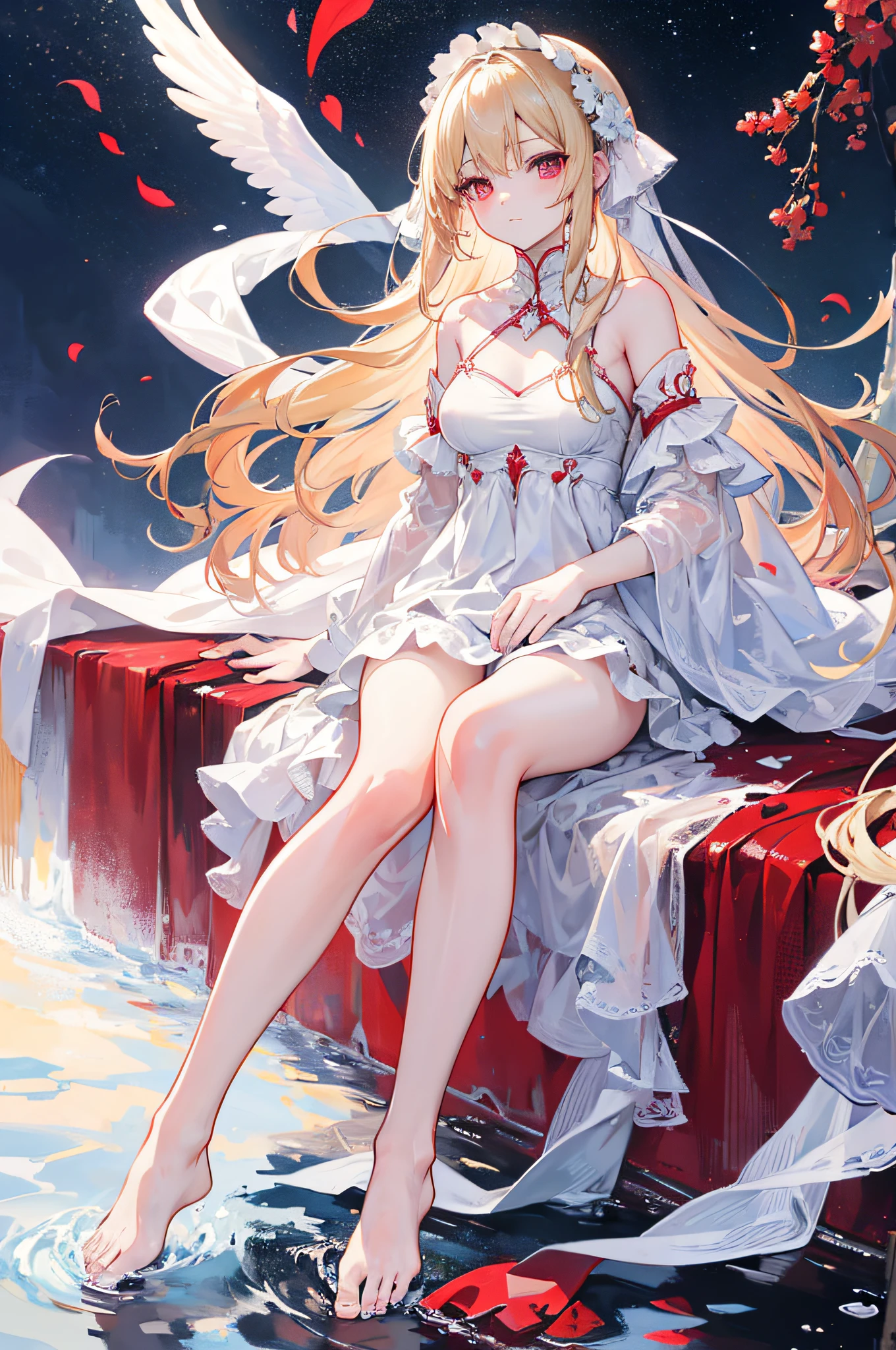 best quality, 4k, ultra-detailed, realistic, Portraits, HDR, vivid, female, 1 girl full body, Colors,(detailed face) Long-haired girl, light blonde hair, straight ankle-length hair, fair skin, long red eyes, girl wearing a transparent white dress that reaches her ankles, bare feet, small breasts, a blood moon scene in the background with water below.