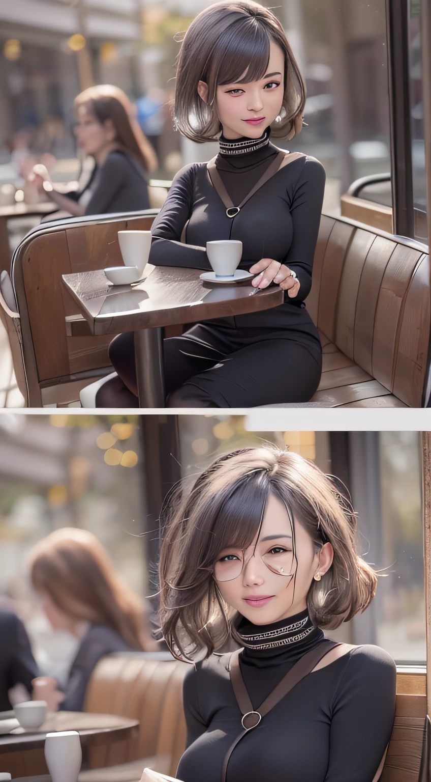 ((A mature woman sits in front of a café)),((turtleneck shirts:1.3)). 40k, Photography, Masterpiece, Best quality, dark grey background, ((Mature women, Wife, Mom, A MILF)), ((A plump chest)), Perfect face, perfect boobs, ((Breast-huge)), ((1 girl with brown eyes and gorgeous light black hair)). a Pretty Japanese woman,full soft breasts and white skin, ((very soft breasts)). Ultra-detailed face, Detailed eyes, Embarrassed, Smile, Summer, Daytime, (((Slave collar))), Half body, dated