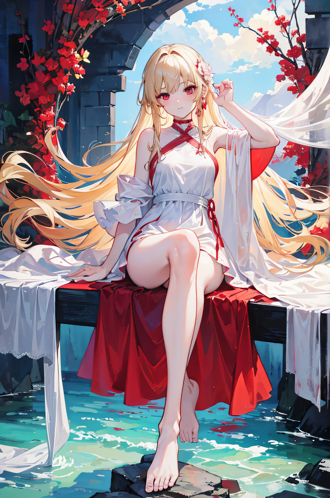 best quality, 4k, ultra-detailed, realistic, Portraits, HDR, vivid, female, 1 girl full body, Colors,(detailed face) Long-haired girl, light blonde hair, straight ankle-length hair, fair skin, long red eyes, girl wearing a transparent white dress that reaches her ankles, bare feet, small breasts, a blood moon scene in the background with water below.