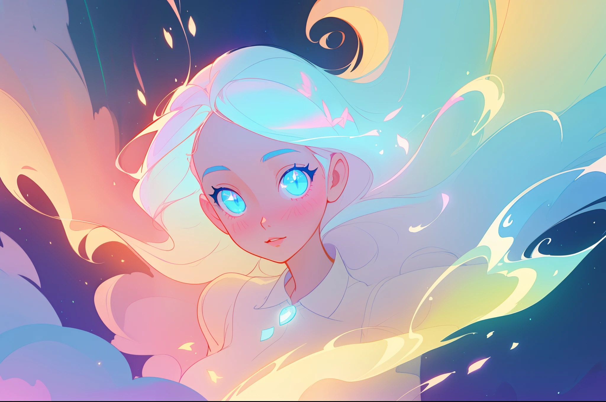 beautiful anime girl in flowing ruffle layered ballgown, inspired by Glen Keane, inspired by Lois van Baarle, (disney art style), by Lois van Baarle, glowing aura around her, by Glen Keane, jen bartel, glowing lights! digital painting, flowing glowing hair, glowing flowing hair, beautiful digital illustration, fantasia background, whimsical, magical, fantasy, beautiful face, ((masterpiece, best quality)), intricate details, highly detailed, sharp focus, 8k resolution, sparkling detailed eyes, liquid watercolor, swirling magical lines of light