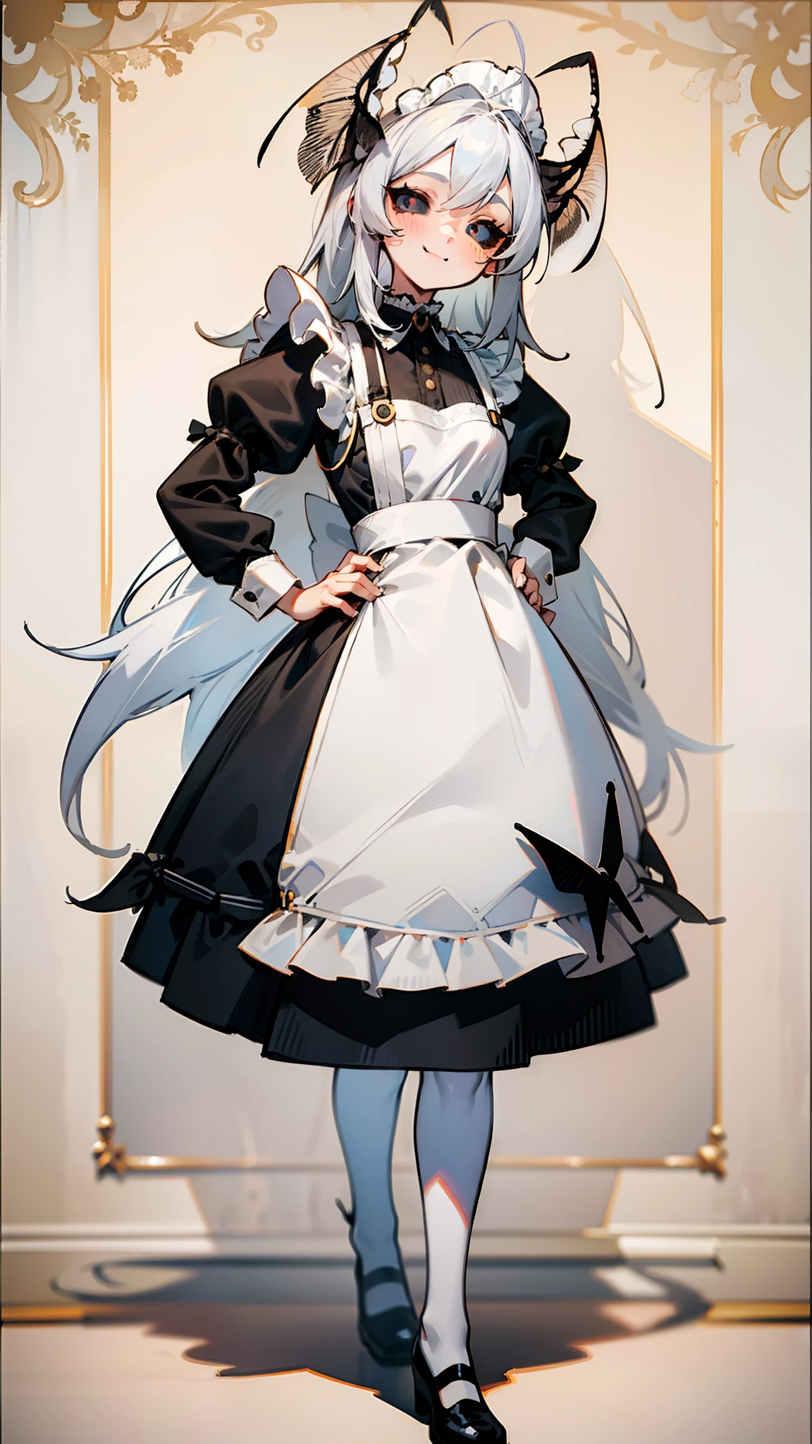 (Original Character,8k, Masterpiece, Best Quality,Detailed, Beautiful Detailed Eyes, solo),mature female,small, fine skin,blush,black eyes,black sclera,white hair,ponttail hair,lonh hair,black pantyhose,(((hair 2antennas large))),((maid outfit)),standing in room, hands on hips, leaning forward, happy face,smile