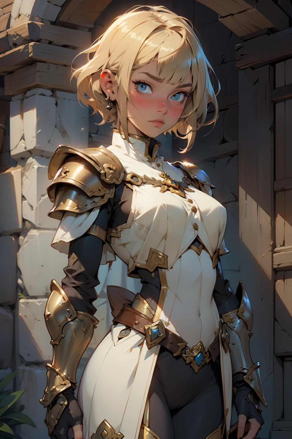 4k, high quality, cowboy shot, digital painting of beautiful young girl, youthful pretty girl, short golden hair, short silky hair with short flowing bangs, pretty soft face, deep blush, soft blush and pretty face, medieval girl, girl wearing medieval armor, fantasy armor, fantasy character design, intricately detailed fantasy rpg design, dungeons and dragons female girl design, sheathed sword, harsh edge lighting, deep shadows, colorful armor, earthy toned armor, button nose, cute button nose, iron armor