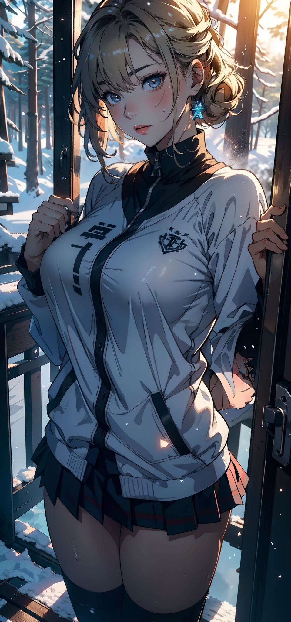 1female,18yr old,Large breasts, 独奏,(Background with:coniferous forest,at winter season,Snow on the ground) She has short blonde hair, standing on your feet,Sweat profusely,drenched all over the body,From the front side, curlies, mostly cloudy sky,(((tmasterpiece),(Very detailed CG unity 8K wallpaper),best qualtiy,cinmatic lighting,detailed back ground,beatiful detailed eyes,Bright pupils,(Very fine and beautiful),(Beautiful and detailed eye description),ultra - detailed,tmasterpiece,)),facing at camera,A high resolution,ultra - detailed),nakeness,Bare breasts,Bare genitalia,Pornographic exposure,Big high school girl,Wearing a JK uniform,blackstockings,