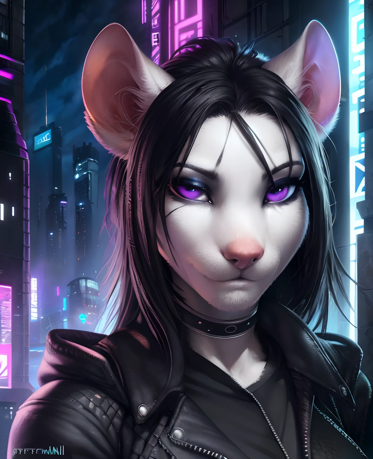 detailed background cyberpunk, masterpiece, detailed, colors(black and white:1.2)and violet, scene, portrait, face closeup, mouse, realistic fur, detailed eyes, by wolfy-nail, by r-mk, by thebigslick, by totesfleisch8, by spectrumshift,