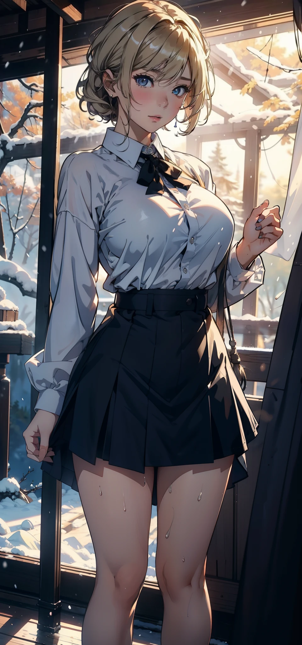 1female,18yr old,Large breasts, 独奏,(Background with:coniferous forest,at winter season,Snow on the ground) She has short blonde hair, standing on your feet,Sweat profusely,drenched all over the body,From the front side, curlies, mostly cloudy sky,(((tmasterpiece),(Very detailed CG unity 8K wallpaper),best qualtiy,cinmatic lighting,detailed back ground,beatiful detailed eyes,Bright pupils,(Very fine and beautiful),(Beautiful and detailed eye description),ultra - detailed,tmasterpiece,)),facing at camera,A high resolution,ultra - detailed),nakeness,Bare breasts,Bare genitalia,Pornographic exposure,Big high school girl,Wearing a JK uniform,blackstockings,