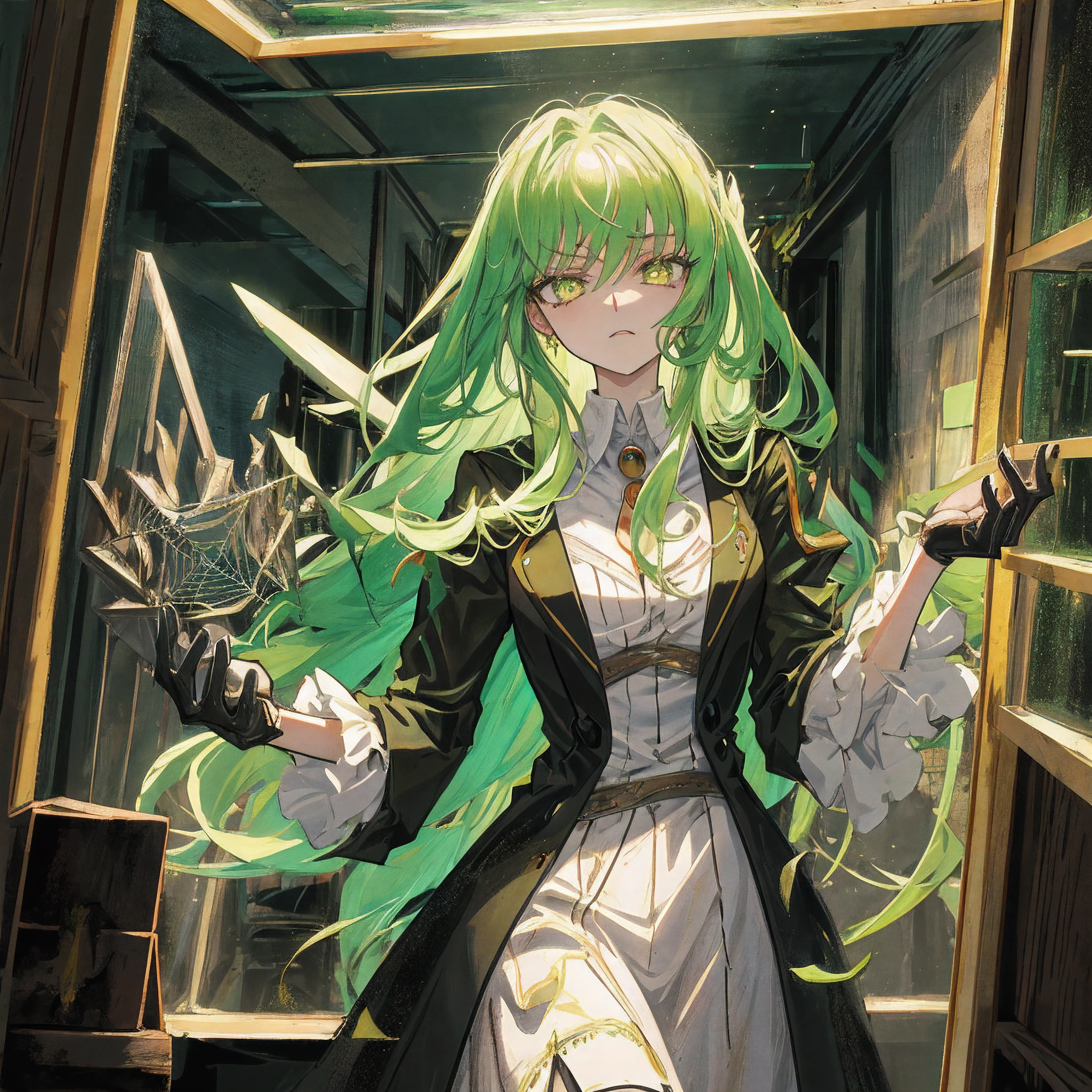 1girl, green hair, golden eyes, (cowboy_Shot:1.2), Face focus, Long hair, side locks, Scared,(terrified:1.1) expression, Atmospheric lighting, Moody, Darkness, In an abandoned old house, Clear glass display case full of interesting items, Dusty, Post-apocalypse, spiderwebs, masterful, Beautiful 8k wallpaper, Extremely detailed, Intricate, C.C, code geass, holding a knife, finger fix
