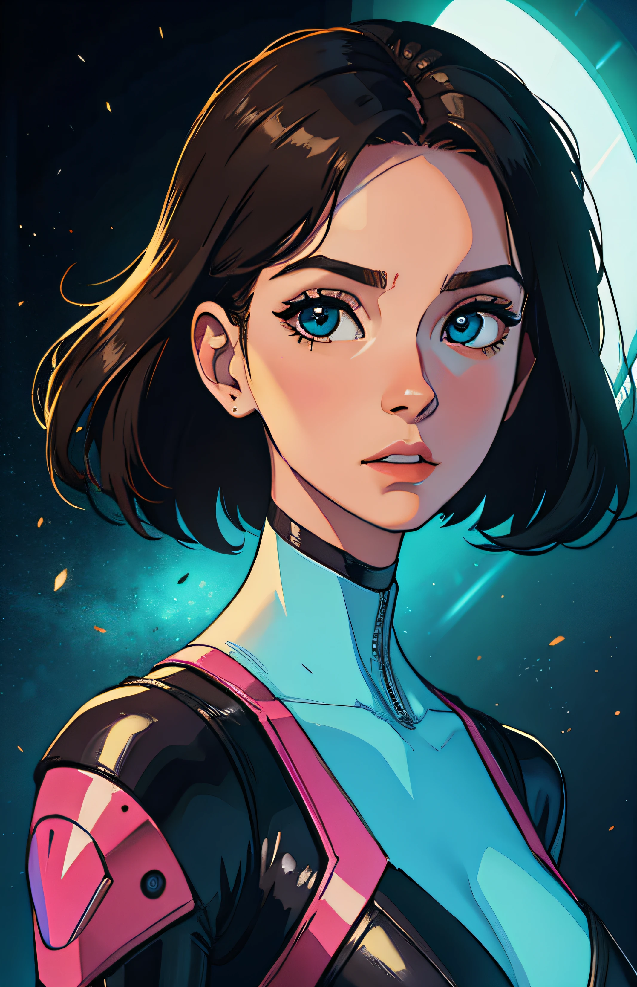 A beautiful portrait of a contemplative young woman in her early twenties walking with determination and grace. The character's eyes are as wide by dawn, allowing for the impression that she has achieved remarkable feats amidst harsh surroundings or forest fires waiting to be lit. With intricate detailing on skin tone shades like pearlescent pink accents between lines drawn from various sources, this delicate portrayal captures every
