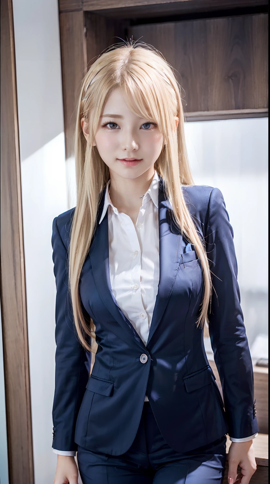 Sexy and very beautiful cute face、shiny beautiful skin、White beautiful skin、Beautiful pale light blue eyes, Beautiful very long blonde hair、(Blonde hair:1.3)、Sexy swaying bangs、18 years old cute little face beautiful girl、Inner shirt,Business suits、neat suit、(Business suits:1.2)、(dynamicposes:1.4)、