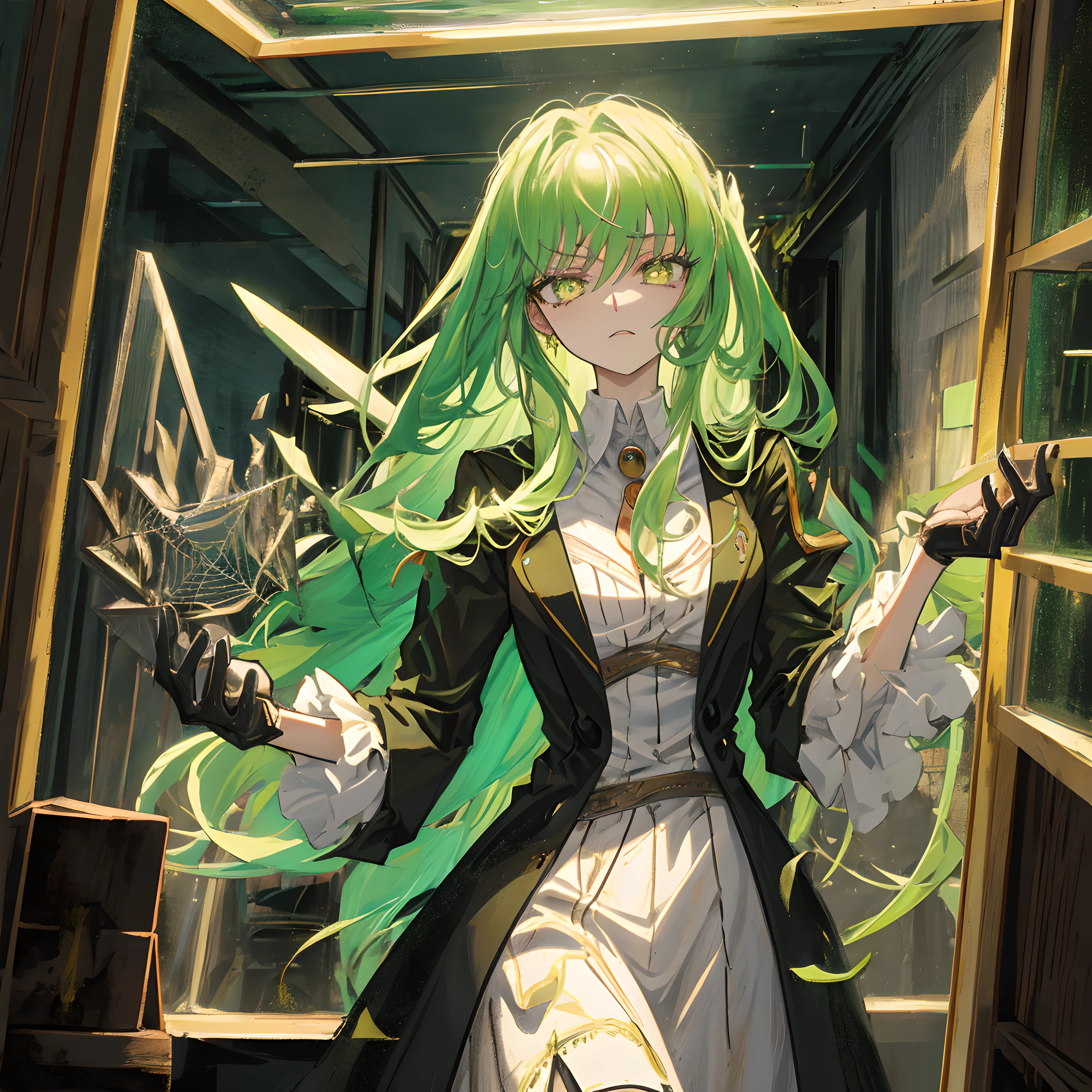 1girl, green hair, golden eyes, (cowboy_Shot:1.2), Face focus, Long hair, side locks, Scared,(terrified:1.1) expression, Atmospheric lighting, Moody, Darkness, In an abandoned old house, Clear glass display case full of interesting items, Dusty, Post-apocalypse, spiderwebs, masterful, Beautiful 8k wallpaper, Extremely detailed, Intricate, C.C, code geass, holding a knife, finger fix