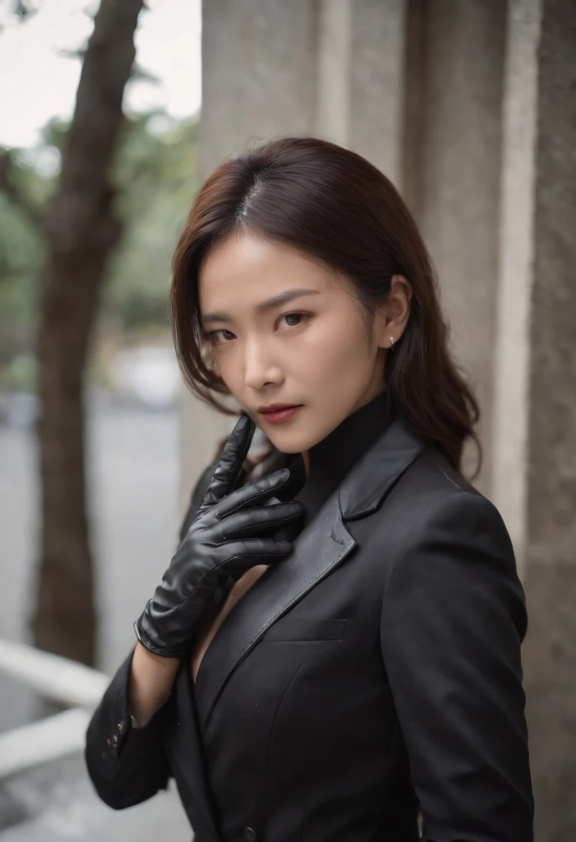 The shirt is also black、Wearing a black man's three-piece suit、Japan woman in black leather gloves