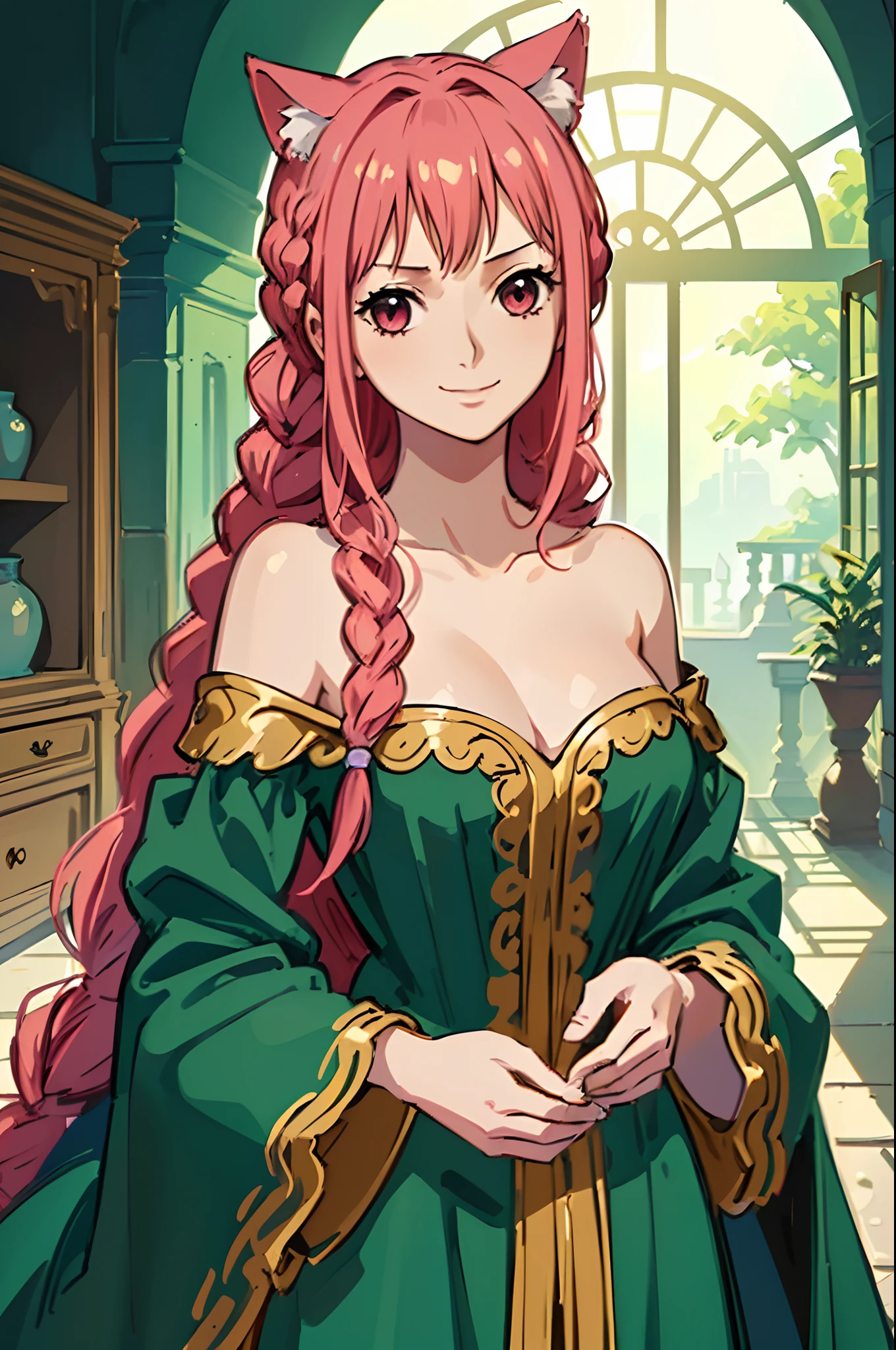 ((masterpiece)), ((best quality)), ((high detailed illustration)), ((high detailed background)), ((hi-res)), Rebecca_onepiece, one-girl,  little breast, ((long hair)), ((hair down)), cat ears, noble clothes, ((beautiful face)), (off shoulder: 1.2), looking at viewer, smile, blush, indoor, standing, upper body