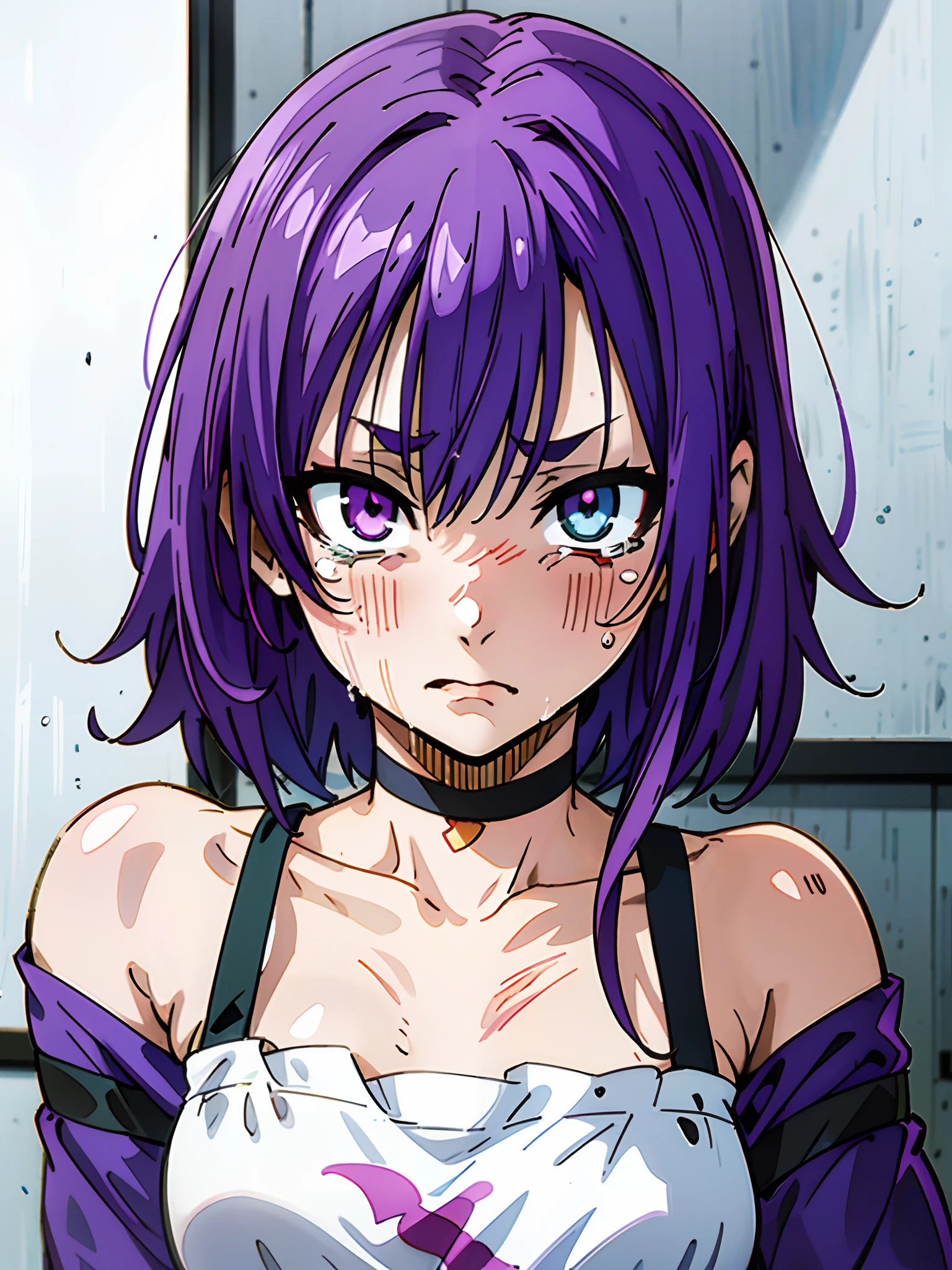 Masterpiece, Best quality, Ultra-detailed, Off-the-shoulder attire, Colorful,take up close, Hyper-detailing，purple color hair, reo mikage, bluelock, no sleeves, camisole, blue camisole, cheongsam, choker, arm warmers , bandages, scar, big breasts 1girl, Solo, sharpy face, heterochromia, green eyes, purple eyes, Bare neck, Tears, Crying face, red blush