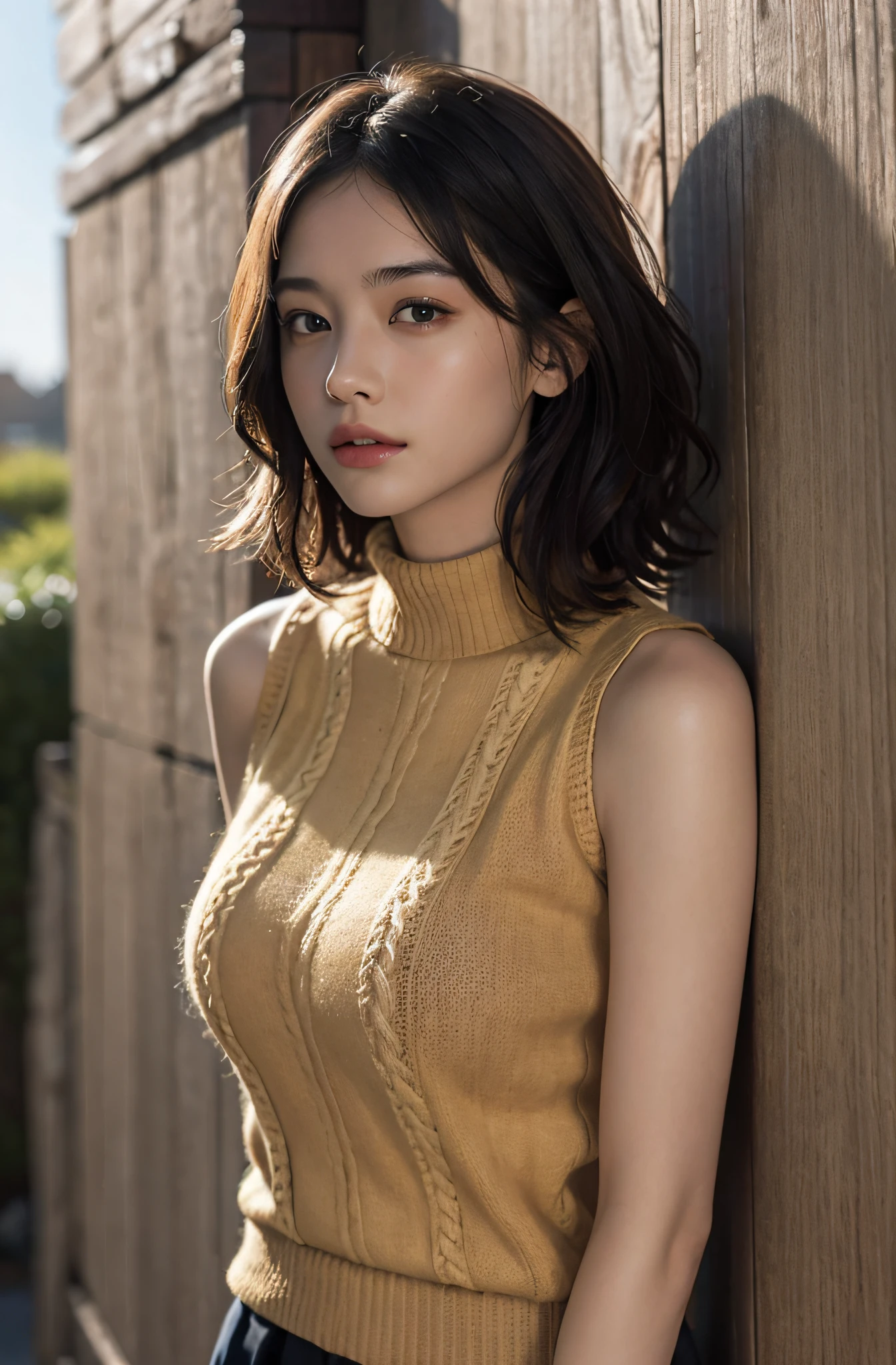 (A hyper-realistic), (high resolution), (8K), (The best illustrations), (beautiful detailed eyes), (top-quality), (ultra-detailed), (​masterpiece), (wall-paper), (详细的脸), 18 year old girl, Short or medium hair, Upper body only, Girl in a sleeveless sweater,  Japanese, Colossal tits, (camel's toe)