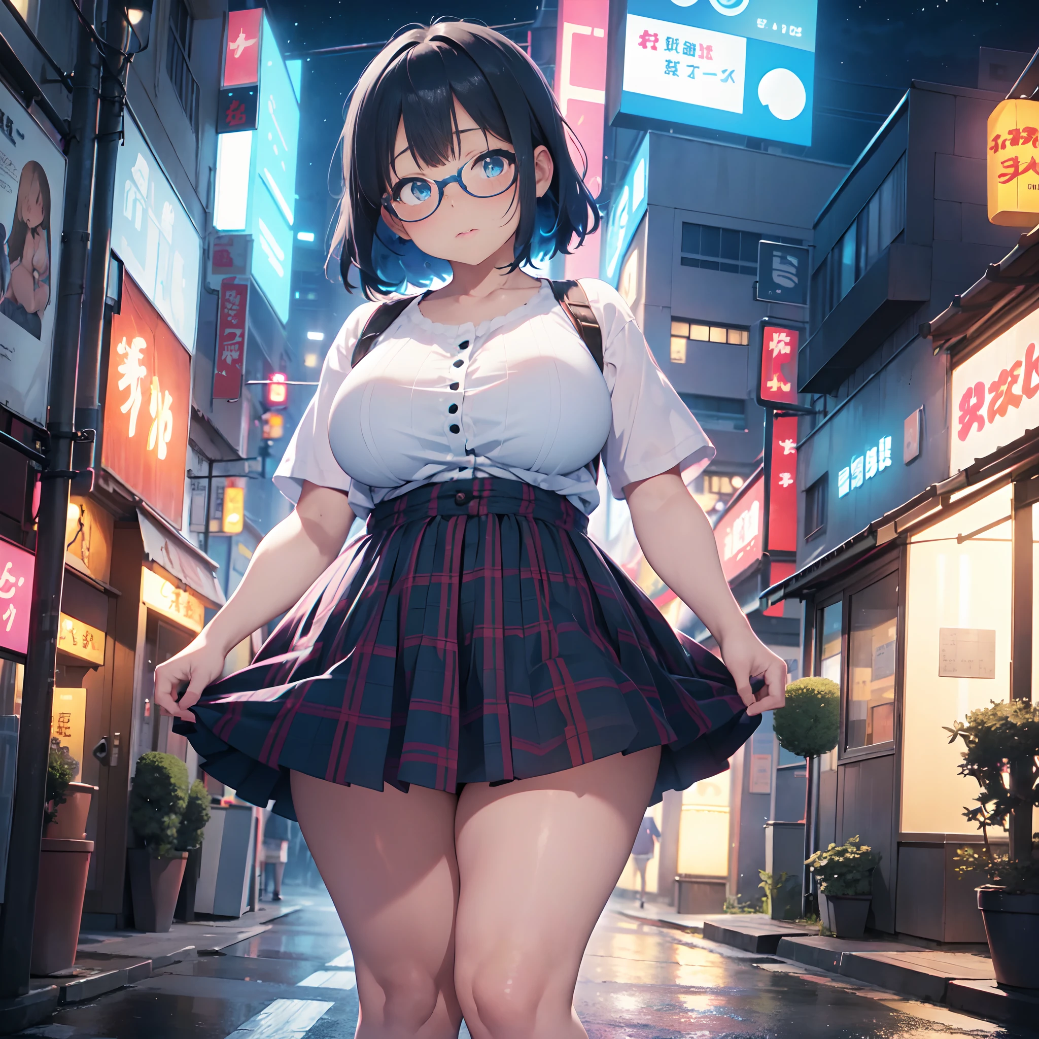 girl, 18 years old, obese, ((bbwchan)), ((tiny breasts)), ((flat breasts)), ((flat bust)), ((fat belly)), ((thick hips)), (( fat legs)), ((thick thighs)), ((short blue hair)), ((blue eyes)), ((fat cheeks)), ((glasses)), nerd, ((short plaid dress)), white fishnet socks, white sneakers, ((full body)), walking down the street, Tokyo street, ((night)), ((neon lights)), e-girl