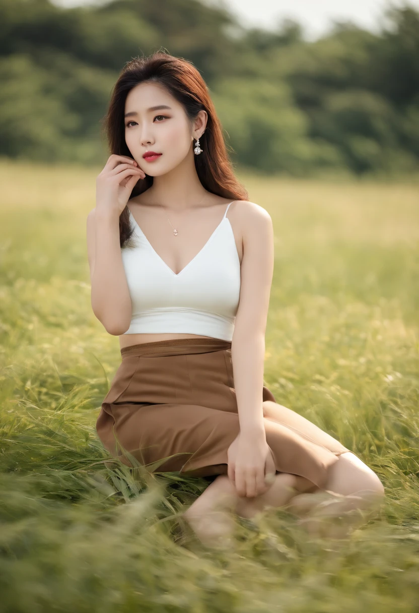 a close up of a woman sitting on a grass field, Gorgeous young Korean woman, wearing white camisole, wearing a low cut tanktop, smooth white tight clothes suit, wearing sexy cropped top, wearing a cute top, wearing a crop top, White top, Beautiful young Korean woman, Korean girl, beautiful Korean women, wearing a vest, wearing tight simple clothes