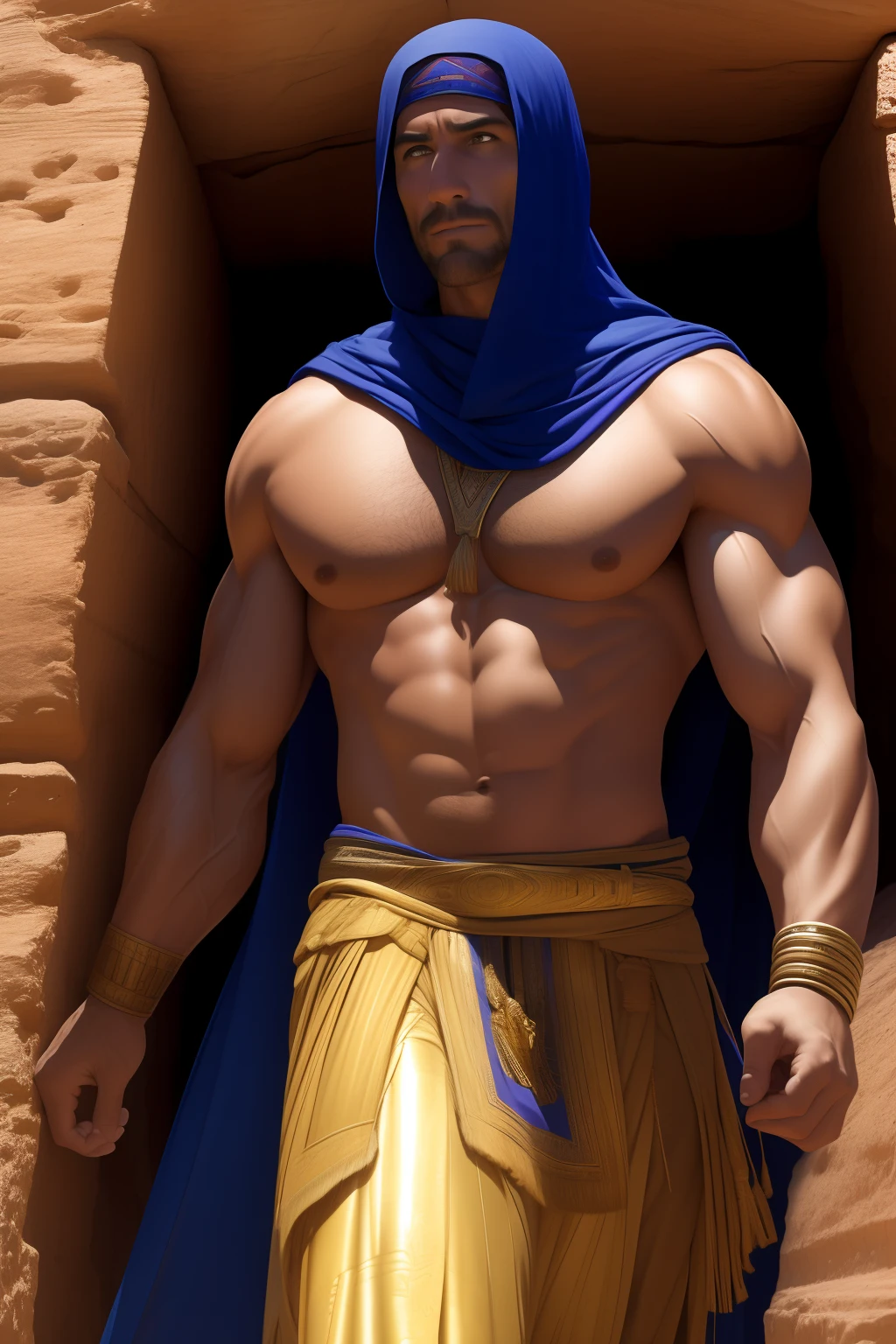 ((SFW))Arte estilo john Buscema,Um close up de Rick O"Connell, aventureiro americano, vestindo o uniforme de explorador, Coming out of the tomb of an Egyptian mummy, segurando uma pistola, no deserto escaldante da Egito dos anos 20,corpo inteiro,, cena detalhada, cena perfeita, pingos de suor. Behind him the entrance of a tomb of the scorpion king.((SFW))
