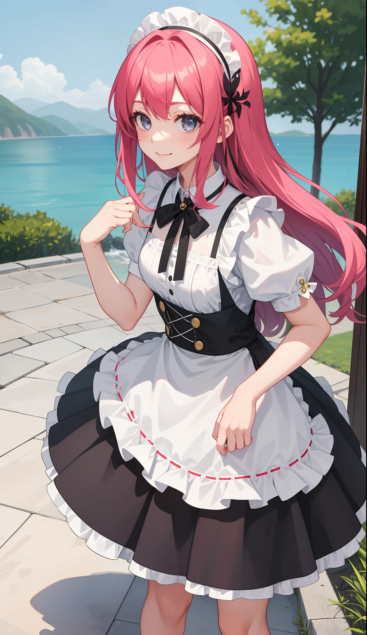 1girl in、AS-Adult、a smile、The shirt、Ultra mini skirt、pantiy、(small tits)、doress、pinafore、Hair decoration、(Maid costume)、Walking with a thigh、Upper body portrait、