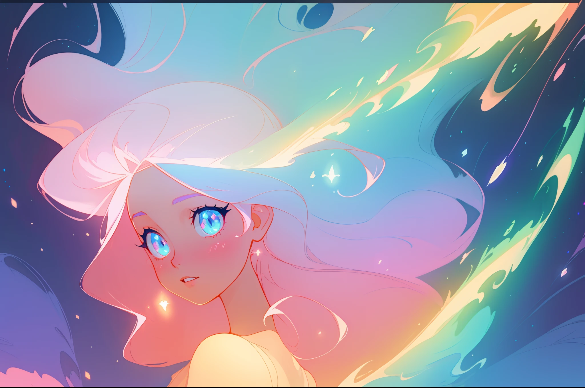 beautiful anime girl in flowing ruffle layered ballgown, inspired by Glen Keane, inspired by Lois van Baarle, (disney art style), by Lois van Baarle, glowing aura around her, by Glen Keane, jen bartel, glowing lights! digital painting, flowing glowing hair, glowing flowing hair, beautiful digital illustration, fantasia background, whimsical, magical, fantasy, beautiful face, ((masterpiece, best quality)), intricate details, highly detailed, sharp focus, 8k resolution, sparkling detailed eyes, liquid watercolor, swirling magical lines of light