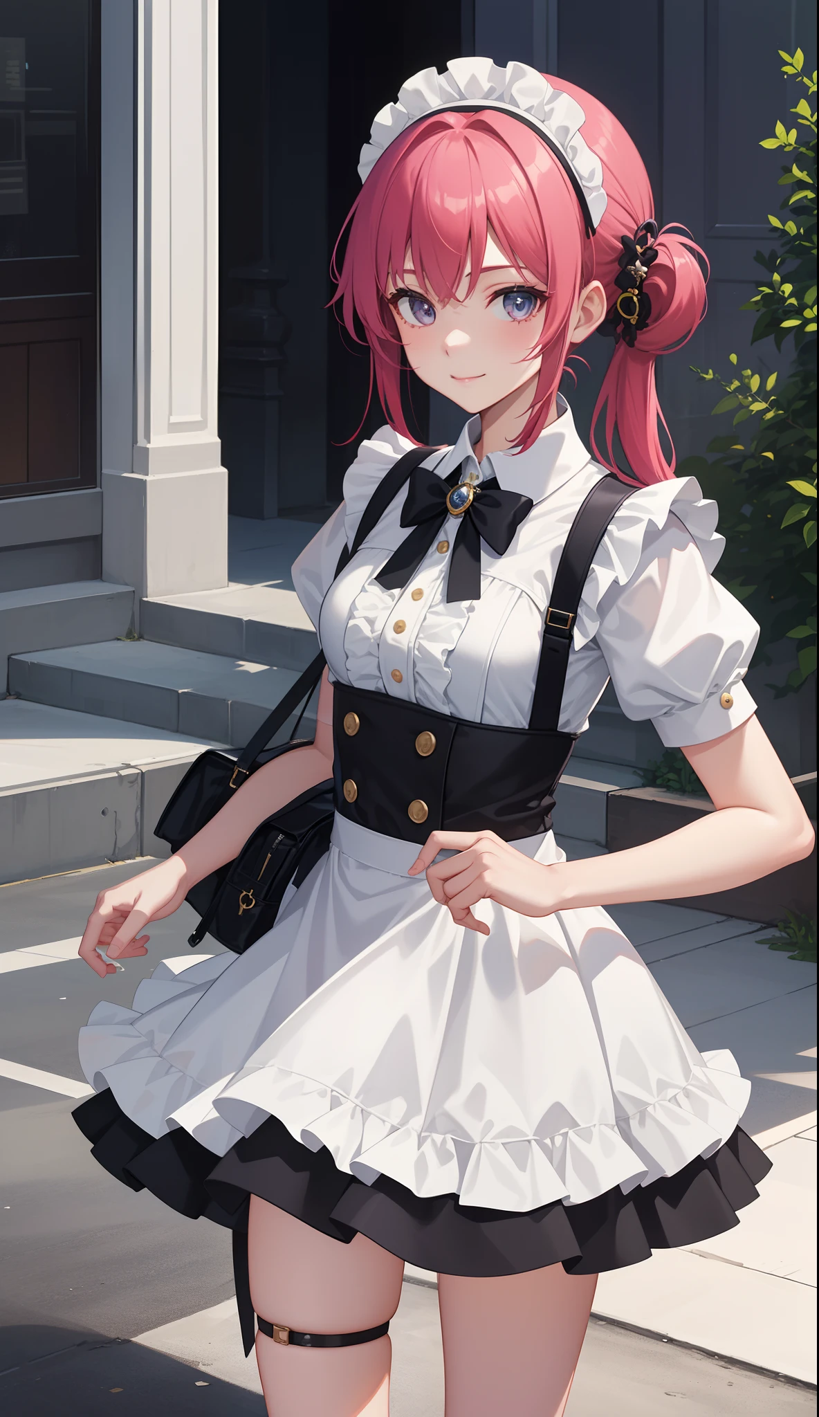 1girl in、AS-Adult、a smile、The shirt、Ultra mini skirt、pantiy、（small tits）、doress、pinafore、Hair decoration、（Maid costume）、Walking with a thigh、Upper body portrait、