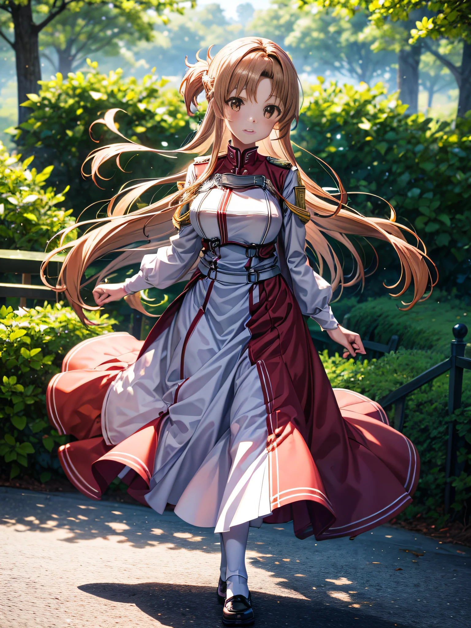 white backgrounid、Kawaii Girl,   Realistic portrayal,  (Best Quality,8ＫImagen,High resolution:1.2),Intricately detailed,[3D images:1.35] 、Asuna frolicking in the park、High school students, White and red uniform,realisitic、a picture、、[[In high-quality anime、Cute Asuna with brown hair and brown eyes:1.15]],Ultra-detailed, Long straight hair, poneyTail、((Long skirt}}