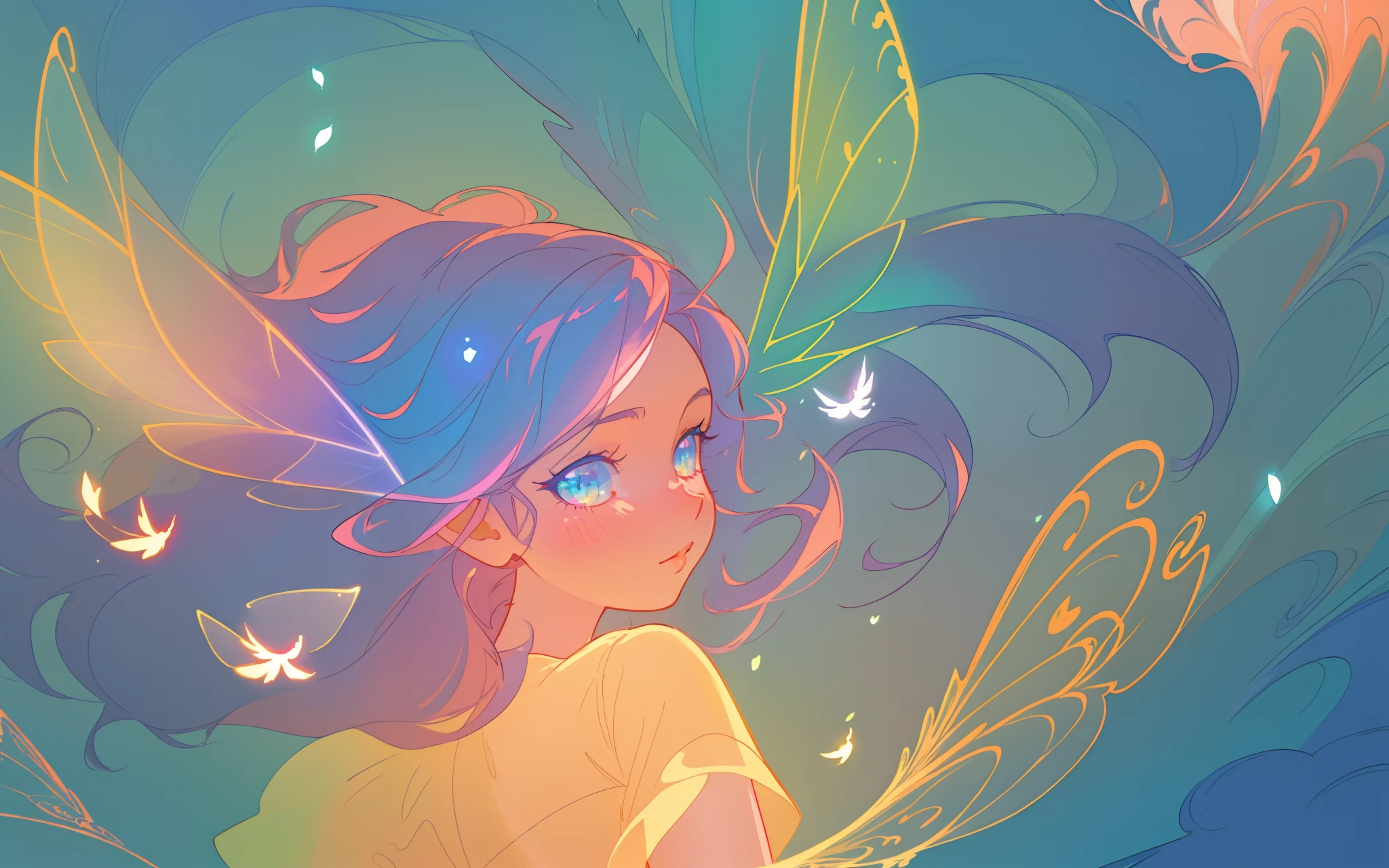 beautiful anime girl in flowing ruffle layered ballgown, ((fairy wings)), inspired by Glen Keane, inspired by Lois van Baarle, (disney art style), by Lois van Baarle, glowing aura around her, by Glen Keane, jen bartel, glowing lights! digital painting, flowing glowing hair, glowing flowing hair, beautiful digital illustration, fantasia background, whimsical, magical, fantasy, beautiful face, ((masterpiece, best quality)), intricate details, highly detailed, sharp focus, 8k resolution, sparkling detailed eyes, liquid watercolor, swirling magical lines of light. pastel colors