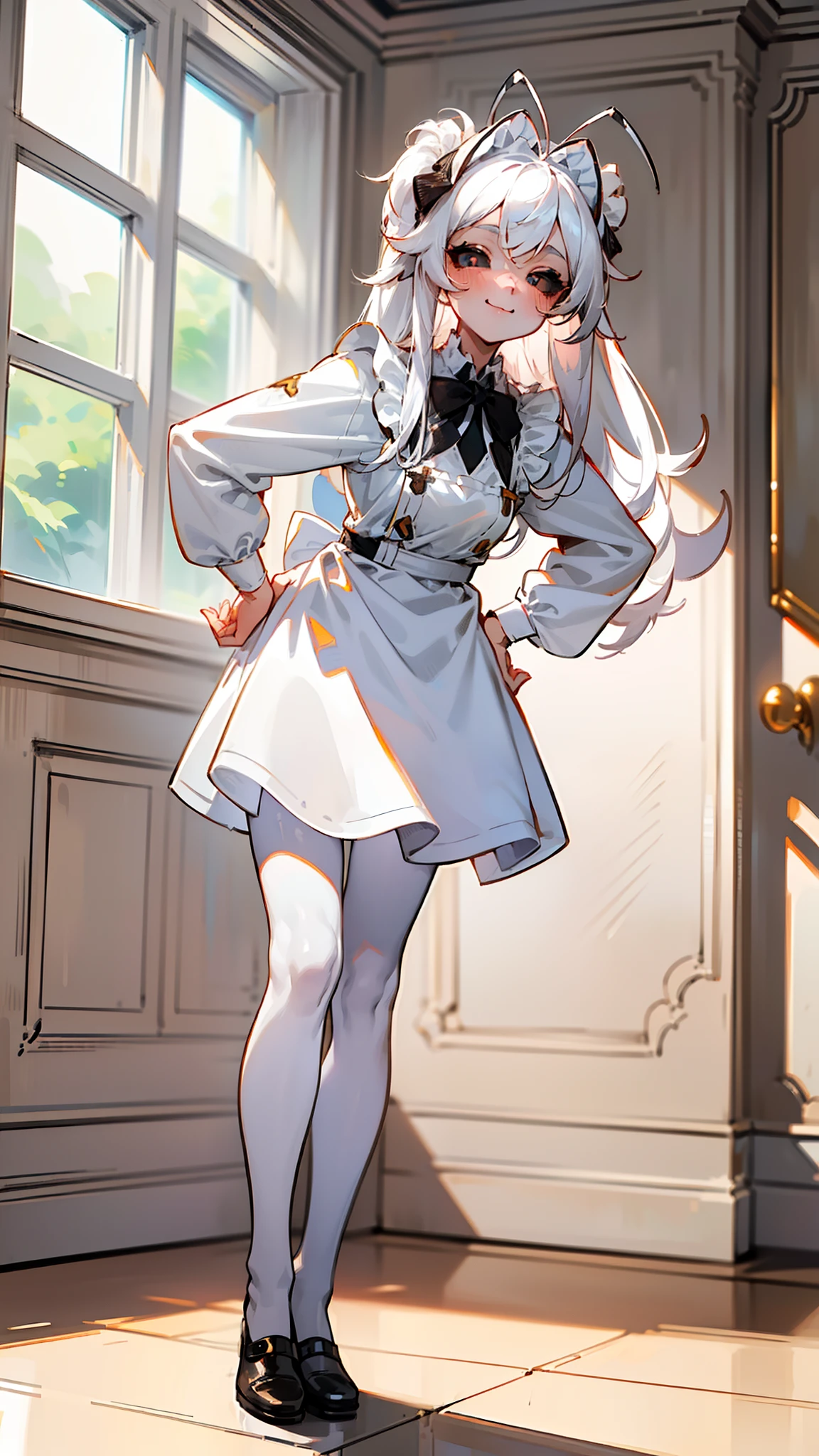 (Original Character,8k, Masterpiece, Best Quality,Detailed, Beautiful Detailed Eyes, solo),mature female,small, fine skin,blush,black eyes,black sclera,white hair,long hair,white pantyhose,(((hair 2antennas large))),((maid outfit)),standing in room in house, hands on hips, leaning forward, happy face,smile