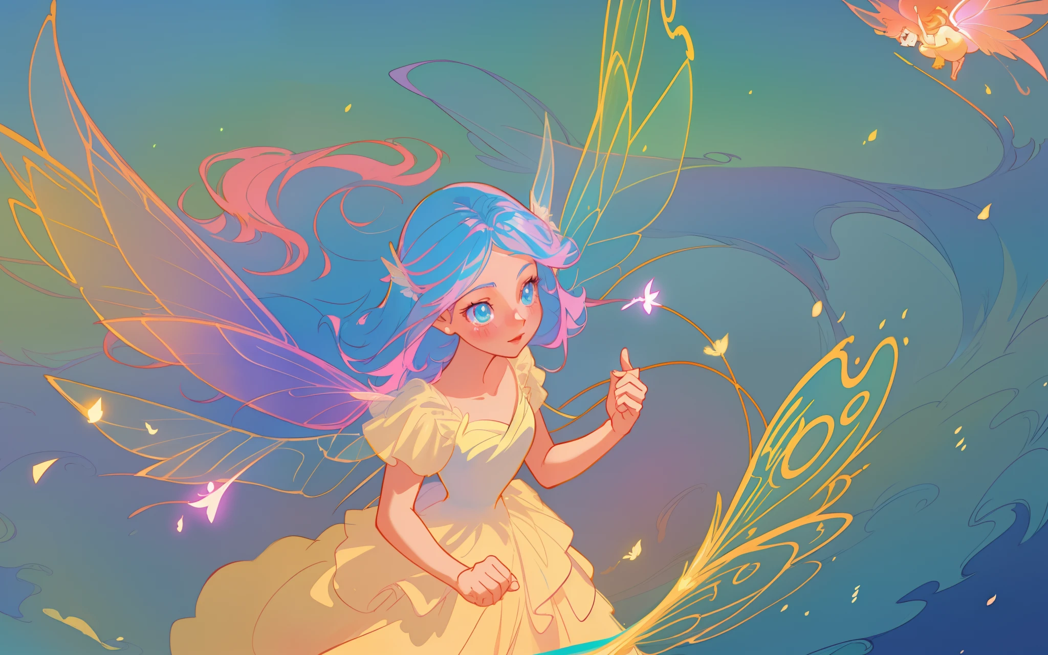 beautiful anime girl in flowing ruffle layered ballgown, ((fairy wings)), inspired by Glen Keane, inspired by Lois van Baarle, (disney art style), by Lois van Baarle, glowing aura around her, by Glen Keane, jen bartel, glowing lights! digital painting, flowing glowing hair, glowing flowing hair, beautiful digital illustration, fantasia background, whimsical, magical, fantasy, beautiful face, ((masterpiece, best quality)), intricate details, highly detailed, sharp focus, 8k resolution, sparkling detailed eyes, liquid watercolor, swirling magical lines of light. pastel colors
