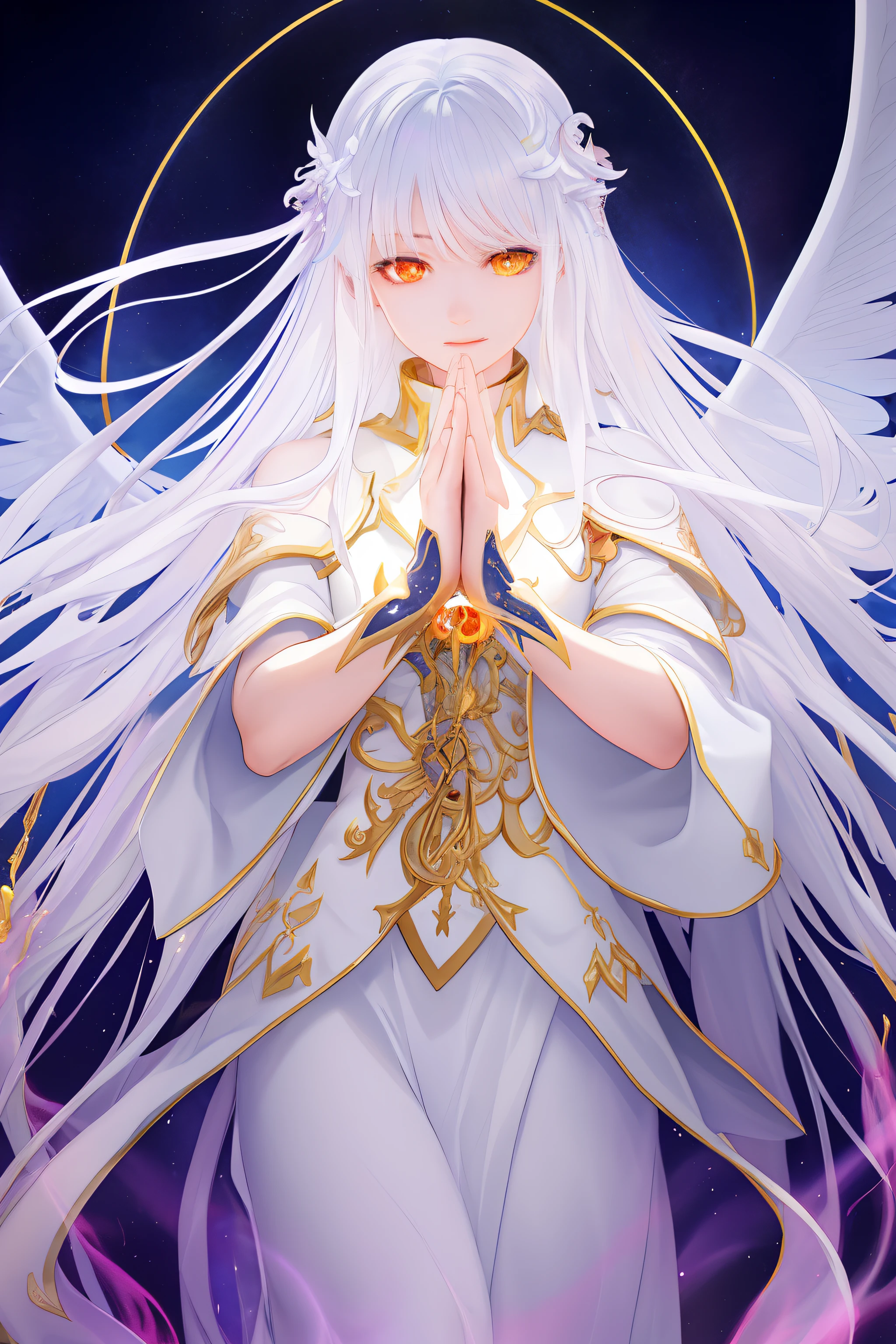 photorealistic photo, beautiful magical girl, tzeentch, outer god, chaos god, white fairy shirt with gold trim, white robe fluttering in the wind, long white hair, fully clothed, perfect face, beautiful, (perfect composition: 1. 4), detailed face and body, award-winning photography , fields, detailed face, detailed hands, lighting, intense gaze, looking at the viewer, cinematic lighting, embers, fantasy background, action pose, arms raised 90 degrees, holding a small wand, water splashes, foggy haze, happy, holy maiden, saint, faux traditional media, praying, palms folded, perfect hands