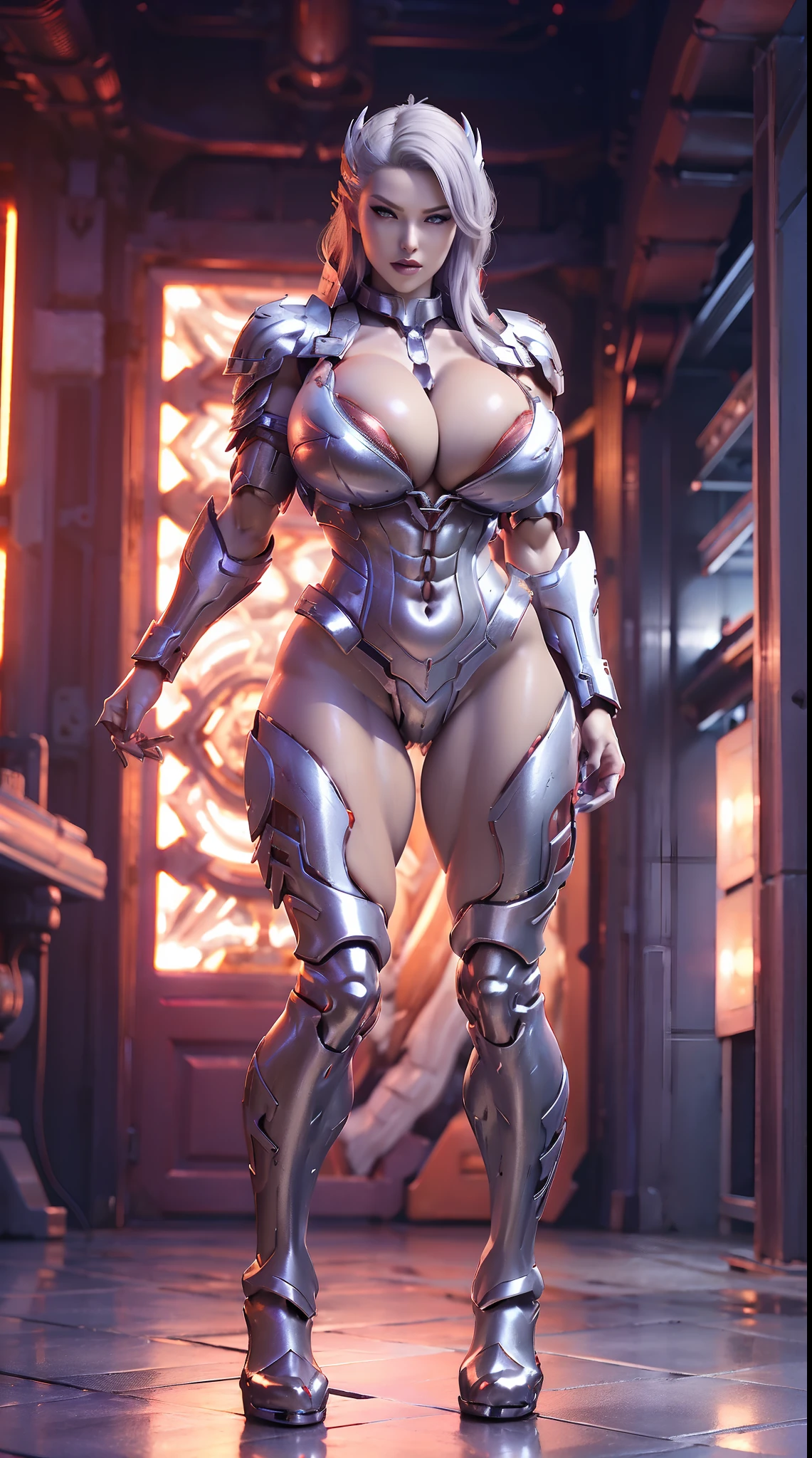 A WOMAN, BEAUTIFULL FACE, (PURPLE EYES PUPIL:1), (SEXY RED LIBS:1), (WHITE HAIR:1), (BEAUTY MAKEUP:1), (SHINY BODYSKIN:1.2), (HUGE BOOBS), (FULL BODY:1.3), (DRAGON HEAD:1), (SILVER DRAGON MECHA ARMOR SUIT:1.1), (CROP TOP:1), (CLEAVAGE:1.3), TRANSPARANT, TALL LEGS, STANDING, SEXY BODY, (MUSCLE ABS:1.3).