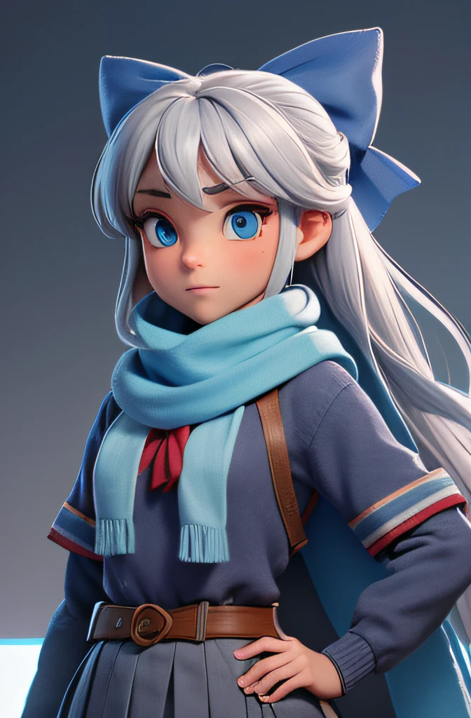 (Masterpiece, Best quality, Intricate details, gorgeous, Ultra details, Aesthetic: 1.2), high quality, 8k, 4k, .RAW, Ultra details, Real shadow, 1 girl, her name is hina, long light gray hair tied , with bangs, teenager, (with light blue striped scarf;1.1), dressed in school uniform, gray skirt, blue sweater, (red bow on chest:1.2), medium chest, blue eyes, loose hair, Her eyes are penetrating , (She wears a red bow on her chest under her scarf: 2.1), (with a ninja sword sheathed in its sheath on her back: 1.2), Prepared to attack, medium chest, blue eyes, (with a wool scarf cyan with white lines around the neck: 1.6),